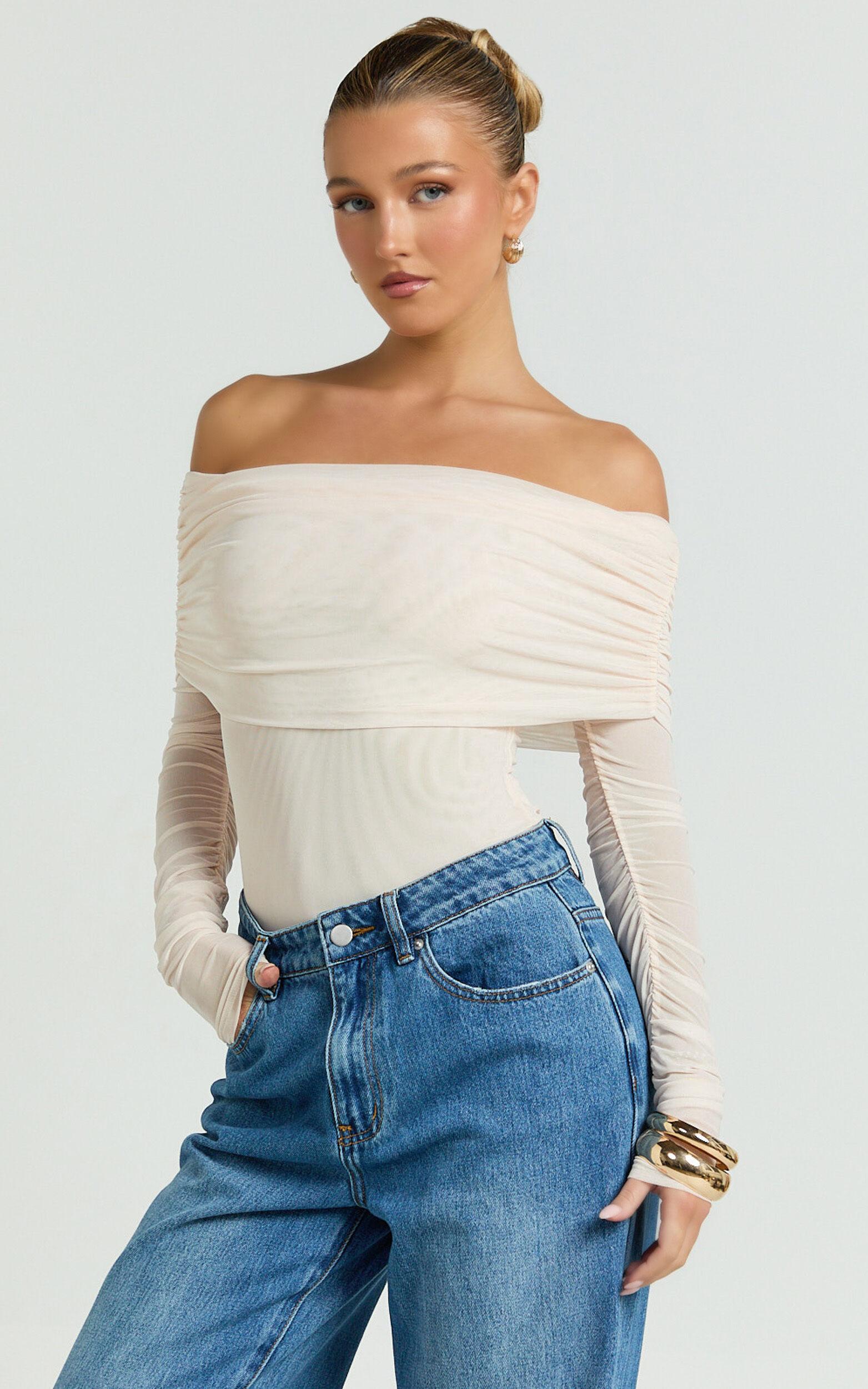 Jaythen Bodysuit - Long Sleeve Off Shoulder Ruched Mesh Bodysuit in Cream Product Image