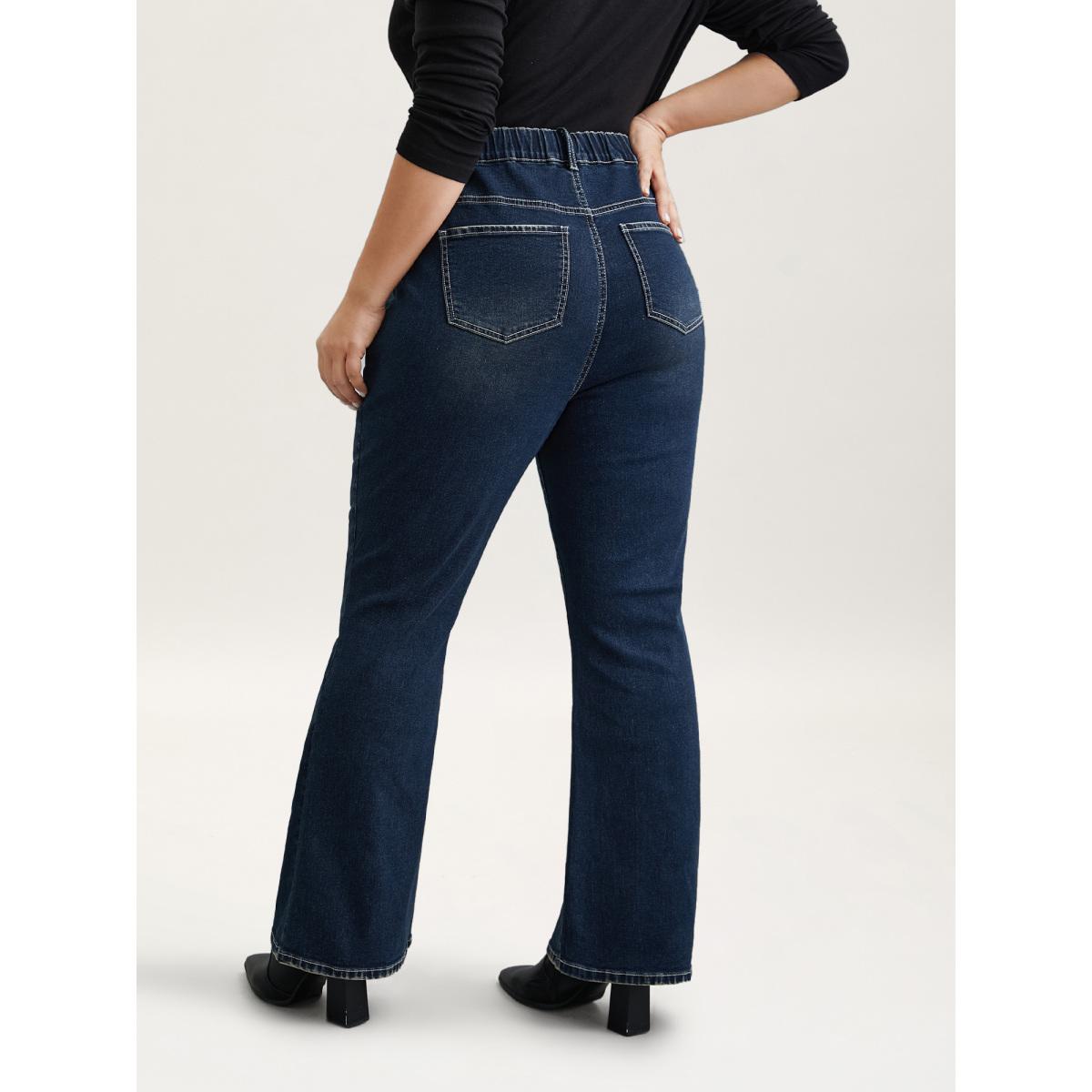 Plus Size Whiskered Stretchy Waist Bootcut Jeans Women Darkindigo Elegant Button Medium stretch Slanted pocket Jeans BloomChic 20/2X Product Image