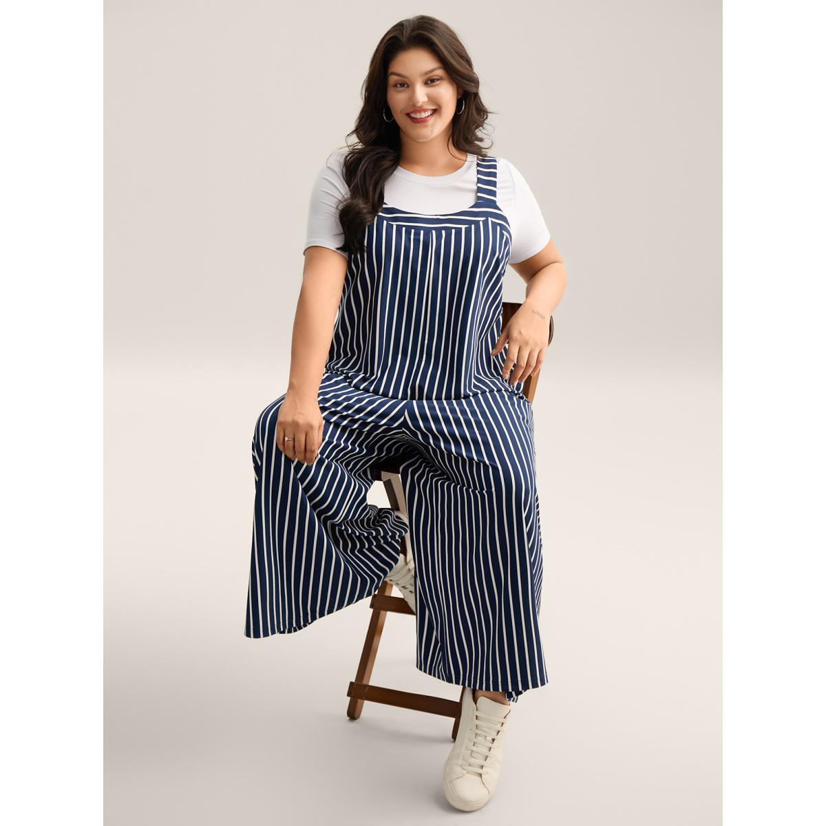 Plus Size Navy Stretchy Striped Print Wide-Leg Jumpsuit Women Sleeveless V-neck Everyday-Casual Loose Jumpsuits BloomChic 22-24/3X Product Image