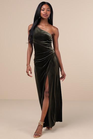 Elegant Era Olive Green Velvet One-Shoulder Maxi Dress Product Image