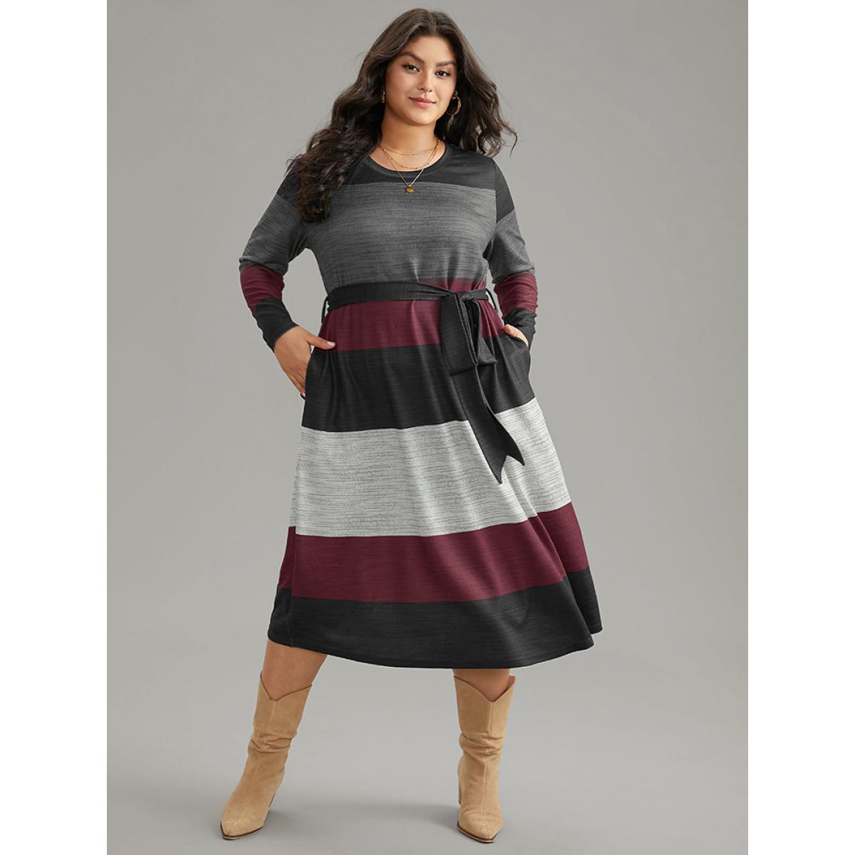 Plus Size Colorblock Contrast Heather Belted Dress Black Women Casual Non Round Neck Long Sleeve Curvy Midi Dress BloomChic 28/5X Product Image