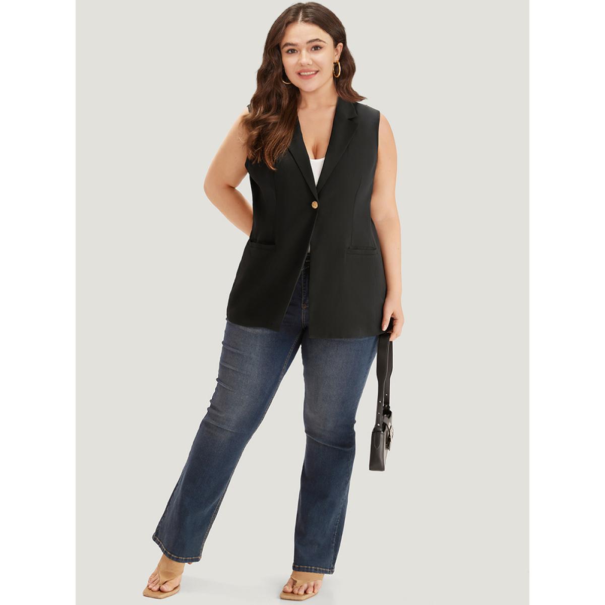 Plus Size Plain Buckle Detail Lapel Collar Pocket Sleeveless Blazer Black Women Work Plain Plain Sleeveless Sleeveless Lapel Collar 10/M Pocket Workwear Essentials Blazers BloomChic Product Image