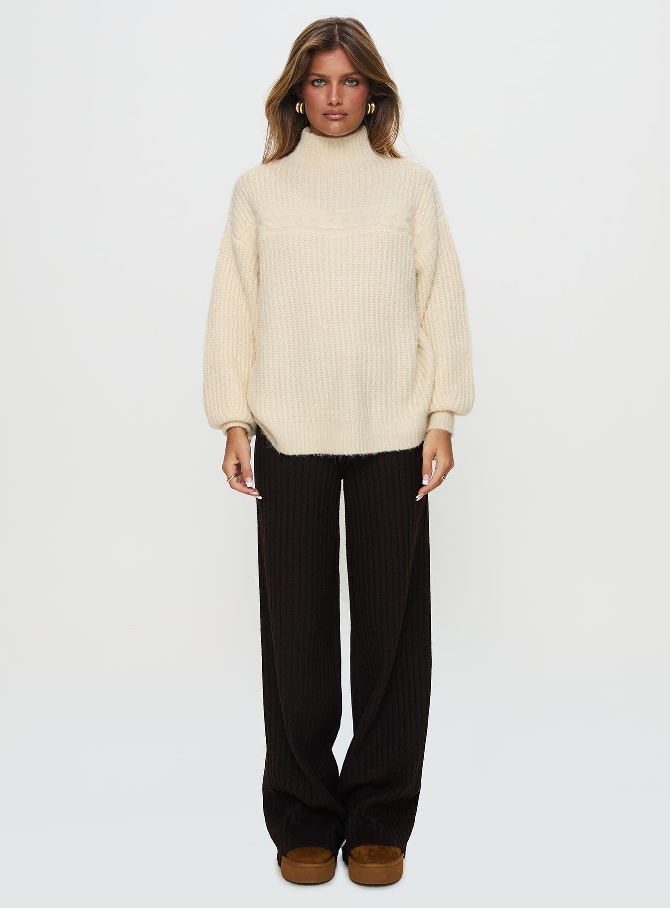 Wistfully Funnel Neck Knit Sweater Cream Product Image