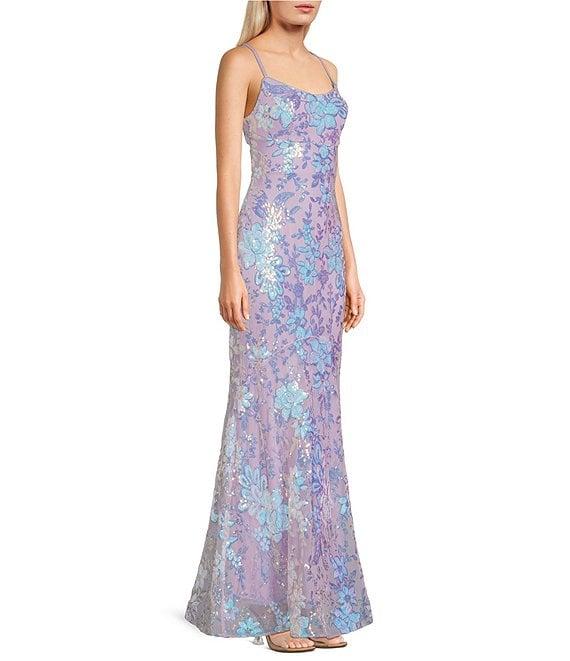 Morgan & Co. Pattern Floral Sequin Bar Back Long Dress Product Image