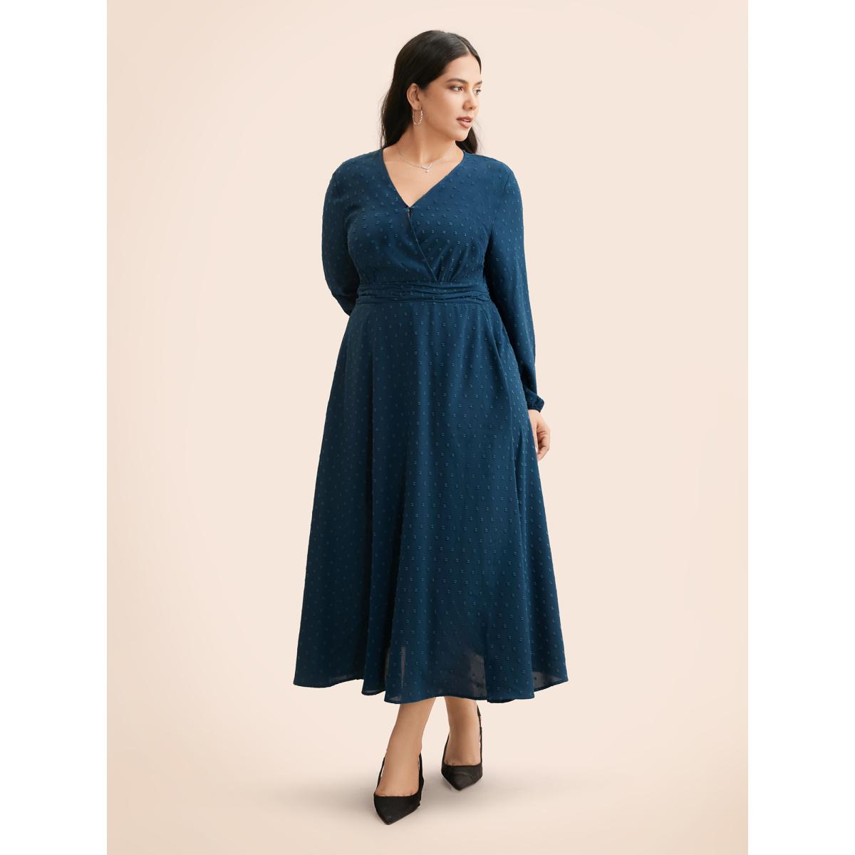 Plus Size Overlap Collar Textured Ruched Dress Aegean Women Elegant Texture Overlap Collar Long Sleeve Curvy BloomChic 12/L Product Image