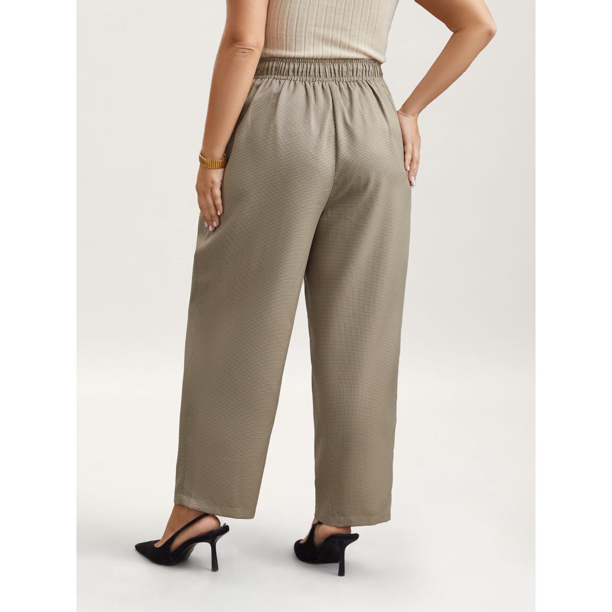 Plus Size Houndstooth Print Drawstring Waist Pants Women LightBrown Work From Home Straight Leg Mid Rise Work Pants BloomChic 12/L Product Image