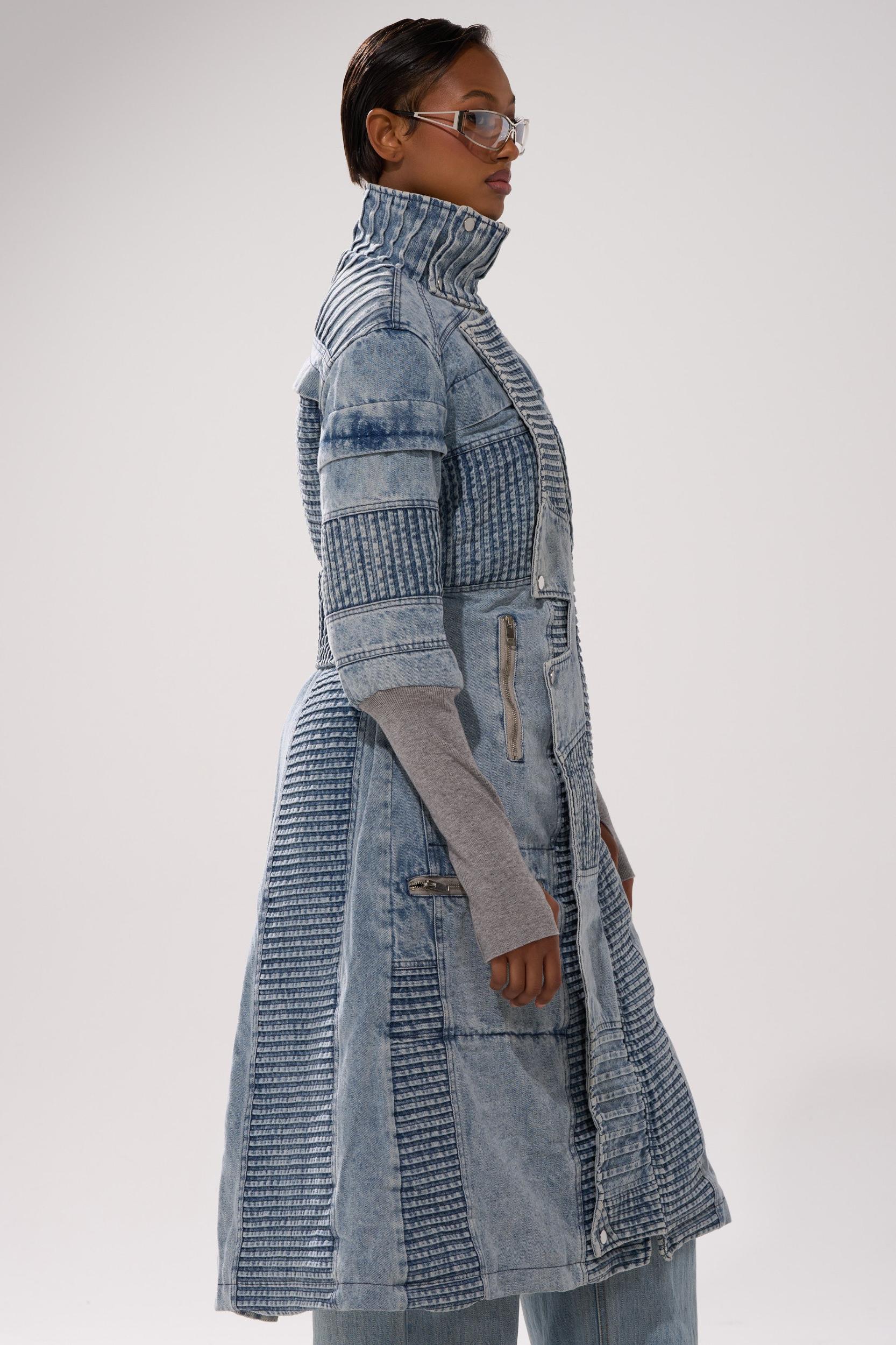 VORTEX DENIM TRENCH COAT IN BLUE Product Image