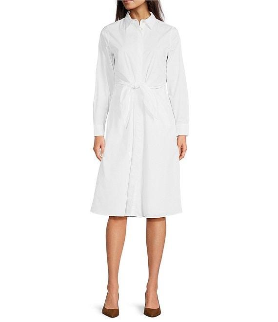 Lauren Ralph Lauren Solid Stretch Woven Point Collar Long Sleeve Self Tie Waist Button Front A-Line Dress Product Image