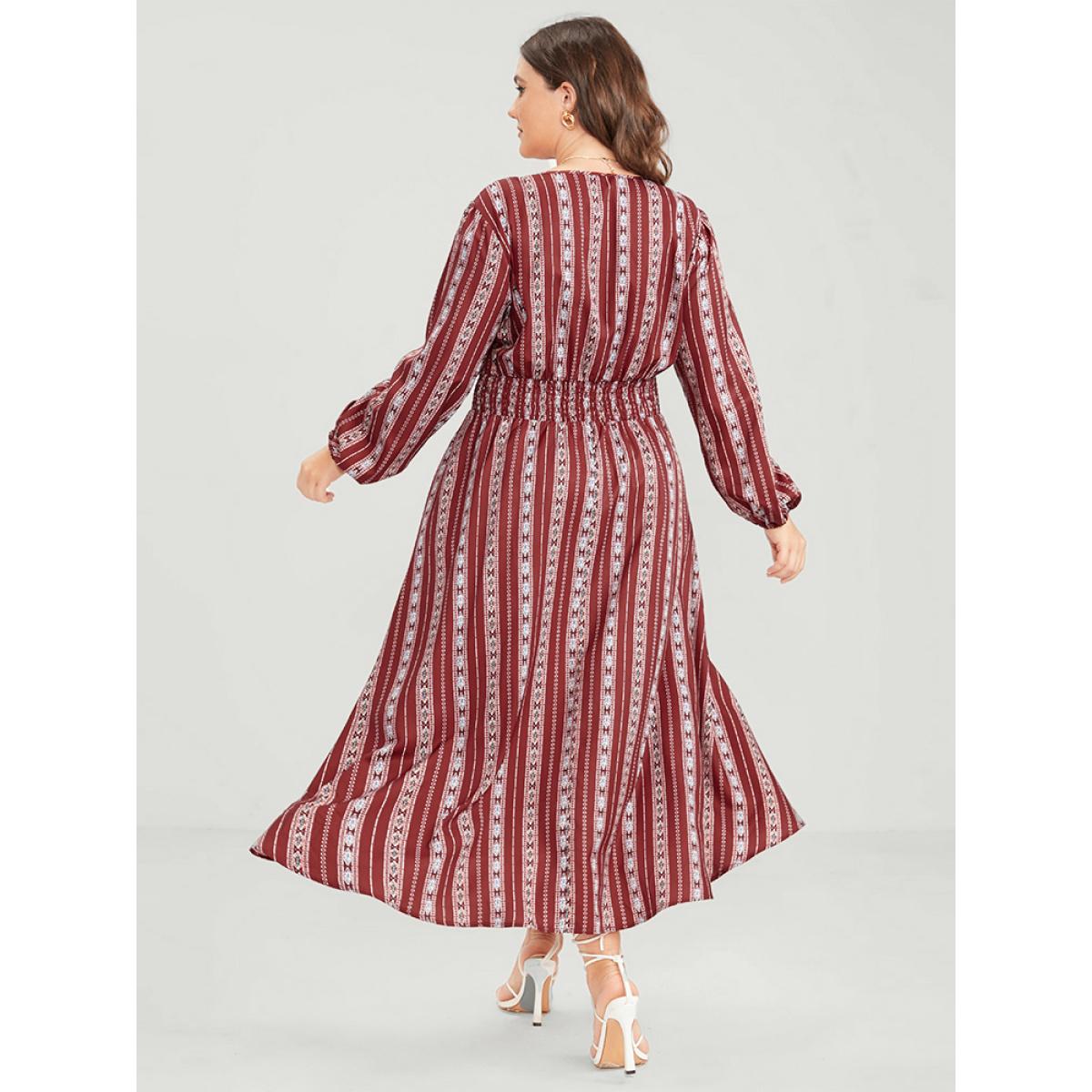 Plus Size Striped Geometric Pocket Lantern Sleeve Shirred Split Dress Red Women Elegant V-neck Long Sleeve Curvy Long Dress BloomChic 26/4X Product Image