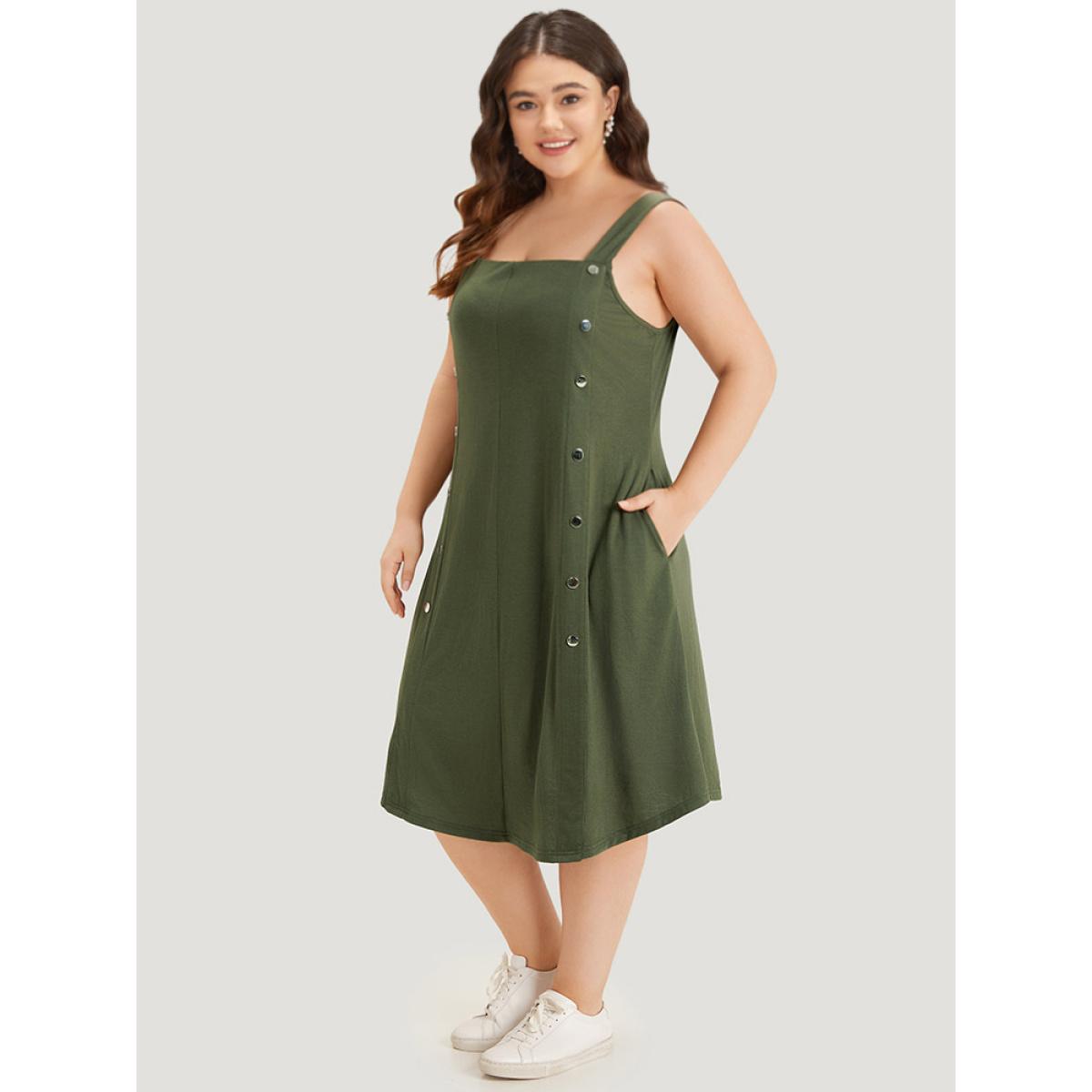 Plus Size Plain Button Detail Pocket Curved Hem Cami Dress ArmyGreen Women Casual Plain Spaghetti Strap Sleeveless Curvy Midi Dress BloomChic 26/4X Product Image