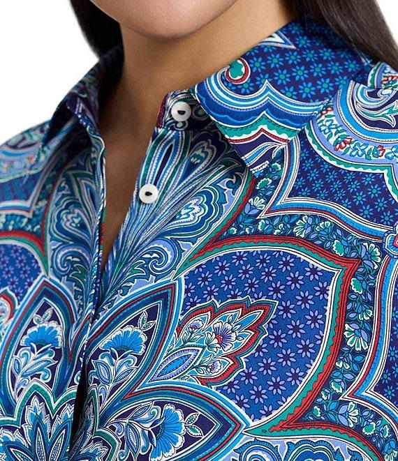 Foxcroft Plus Size Olivia Wrinkle-Free Kaleidoscope Print Cotton Sateen Point Collar 3/4 Sleeve Button Front Shirt Product Image
