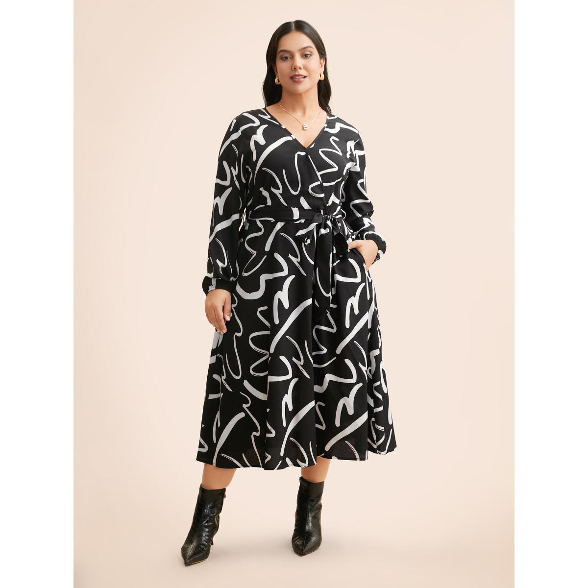 Plus Size Geometric Overlap Collar Midi Dress BlackFlower Women At the Office Belted Overlap Collar Long Sleeve Curvy BloomChic 14-16/1X Product Image