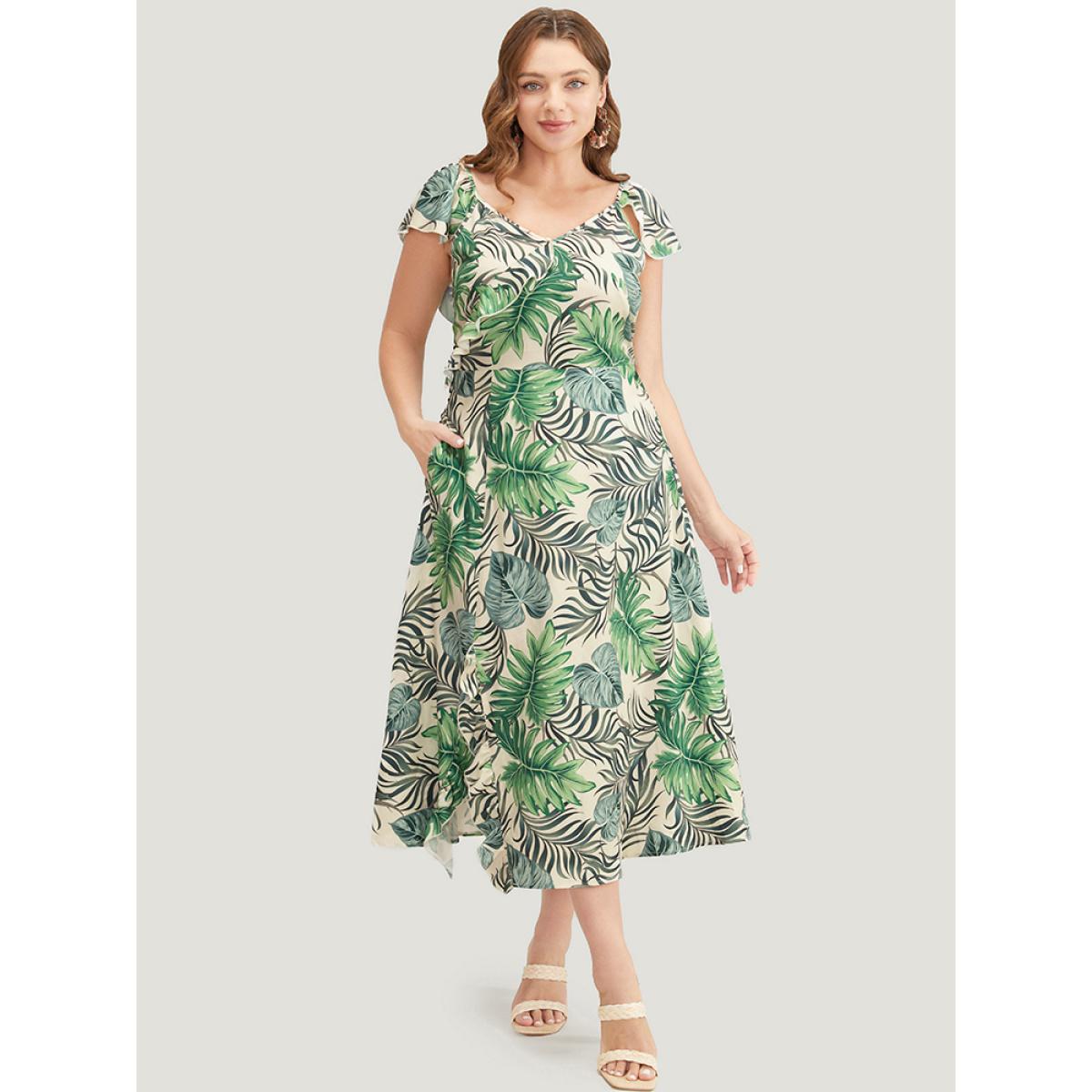 Plus Size Plant Print Cap Sleeve Pocket Ruffle Trim Split Hem Dress Multicolor Women Vacation Slit V-neck Cap Sleeve Curvy Midi Dress BloomChic 14-16/1X Product Image