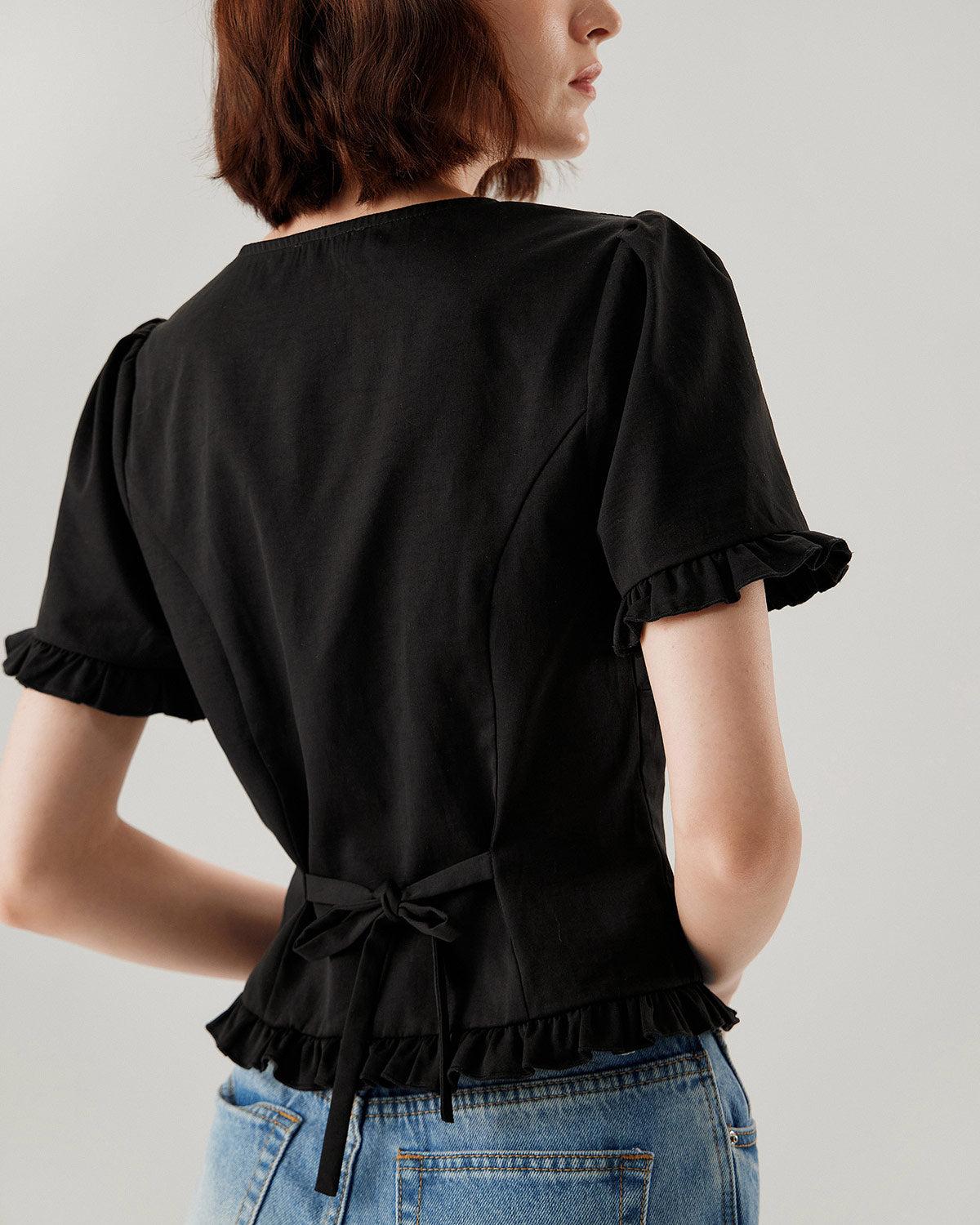 Black V-Neck Ruffle Puffed Sleeve Blouse Product Image