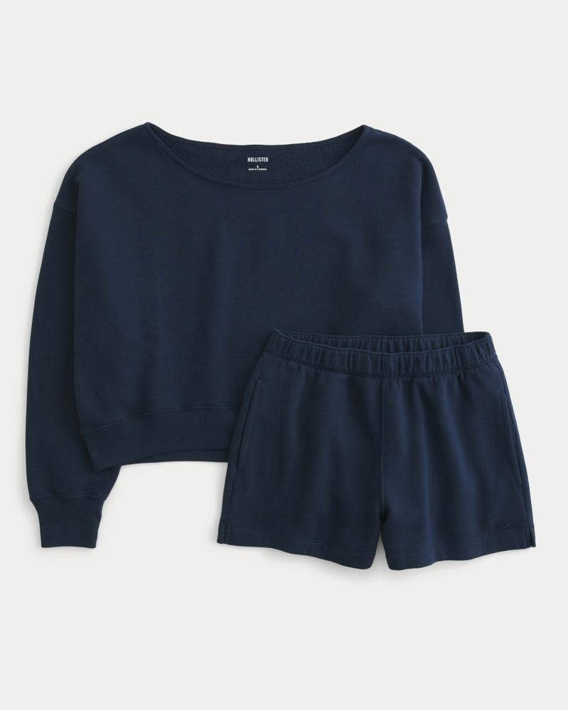 Easy Off-the-Shoulder Sweatshirt & Fleece Shorts Set Product Image