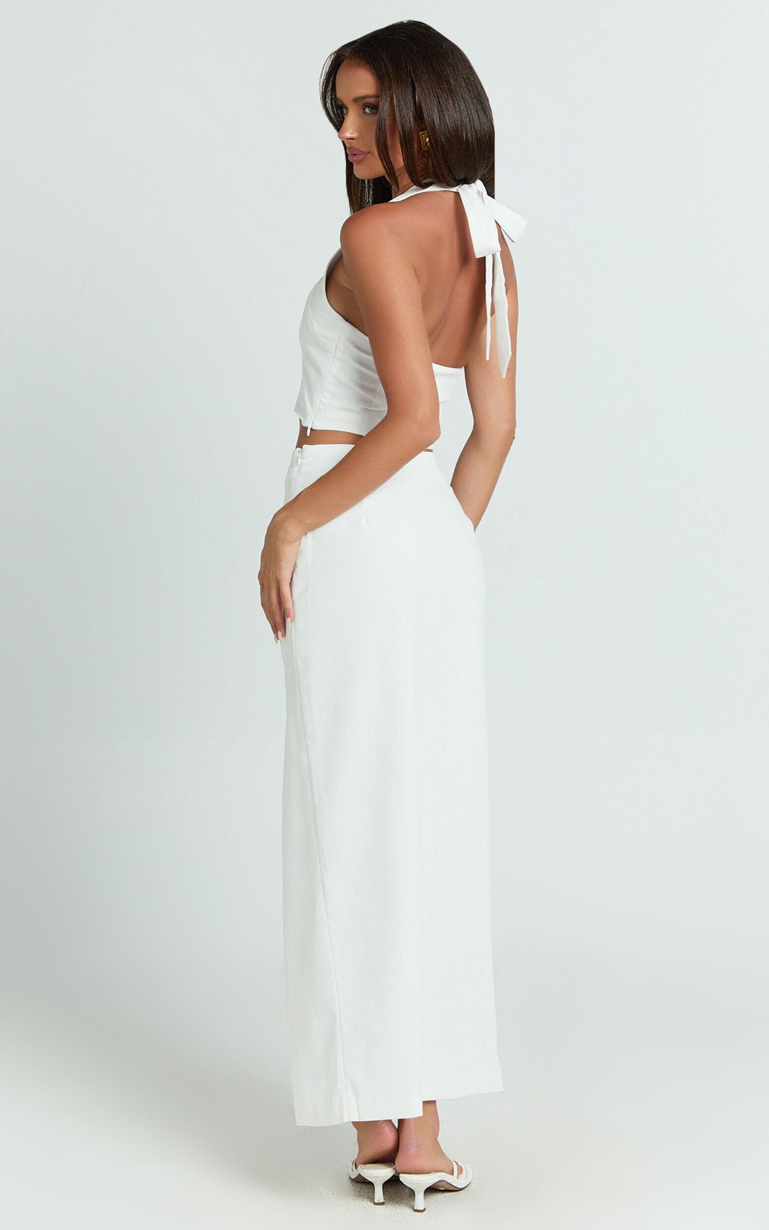 Ayesha Two Piece Set - Halter Fitted Crop Top and Fitted Side Split Midi Skirt in Off White Product Image