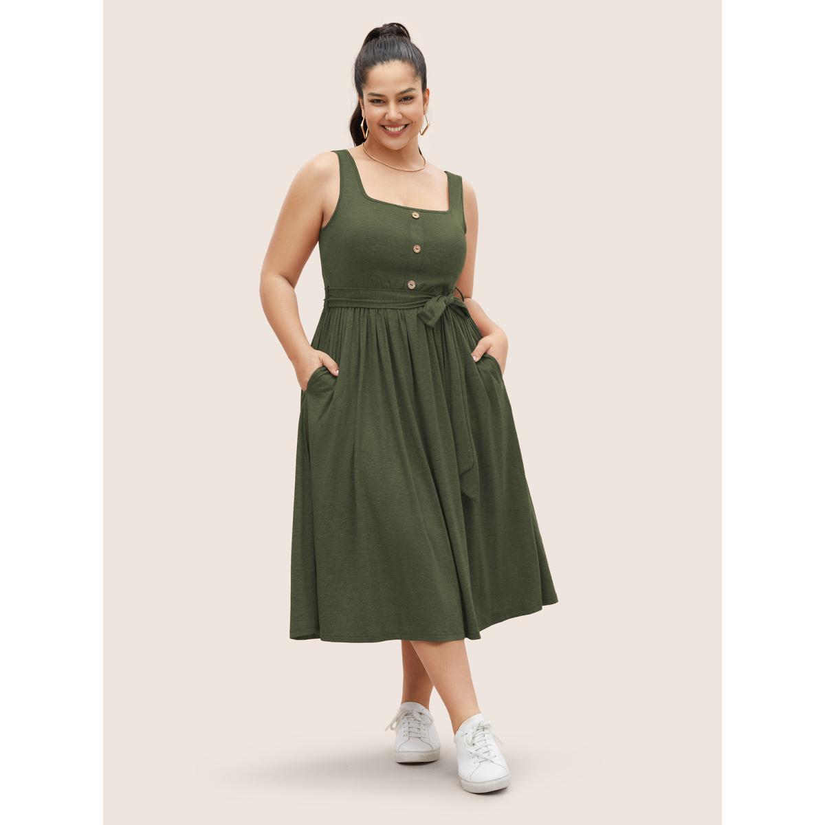 Plus Size Supersoft Essentials Button Detail Belted Gathered Dress ArmyGreen Women Casual Gathered Square Neck Sleeveless Curvy Midi Dress BloomChic 26/4X Product Image