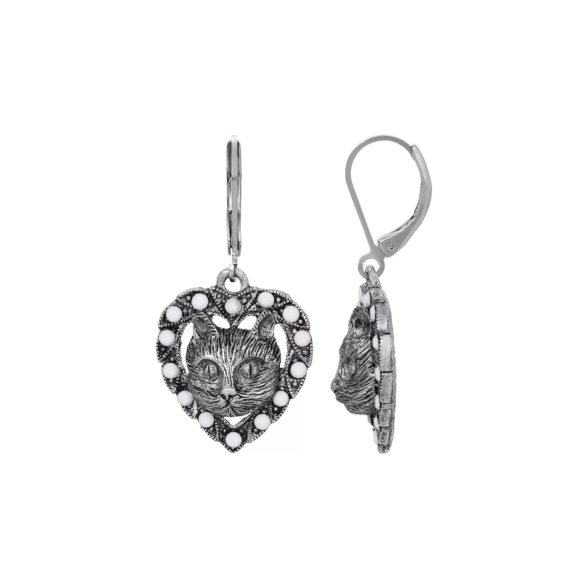 1928 Silver Tone Cat Heart Leverback Earrings, Womens, White Product Image