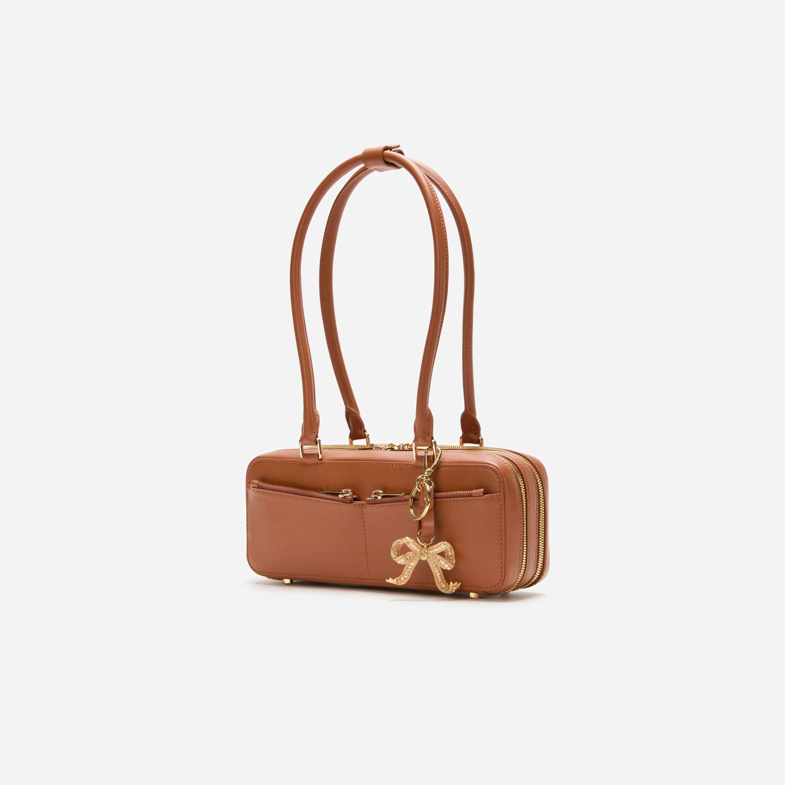 Tan Leather Baguette Shoulder Bag With Charm Product Image