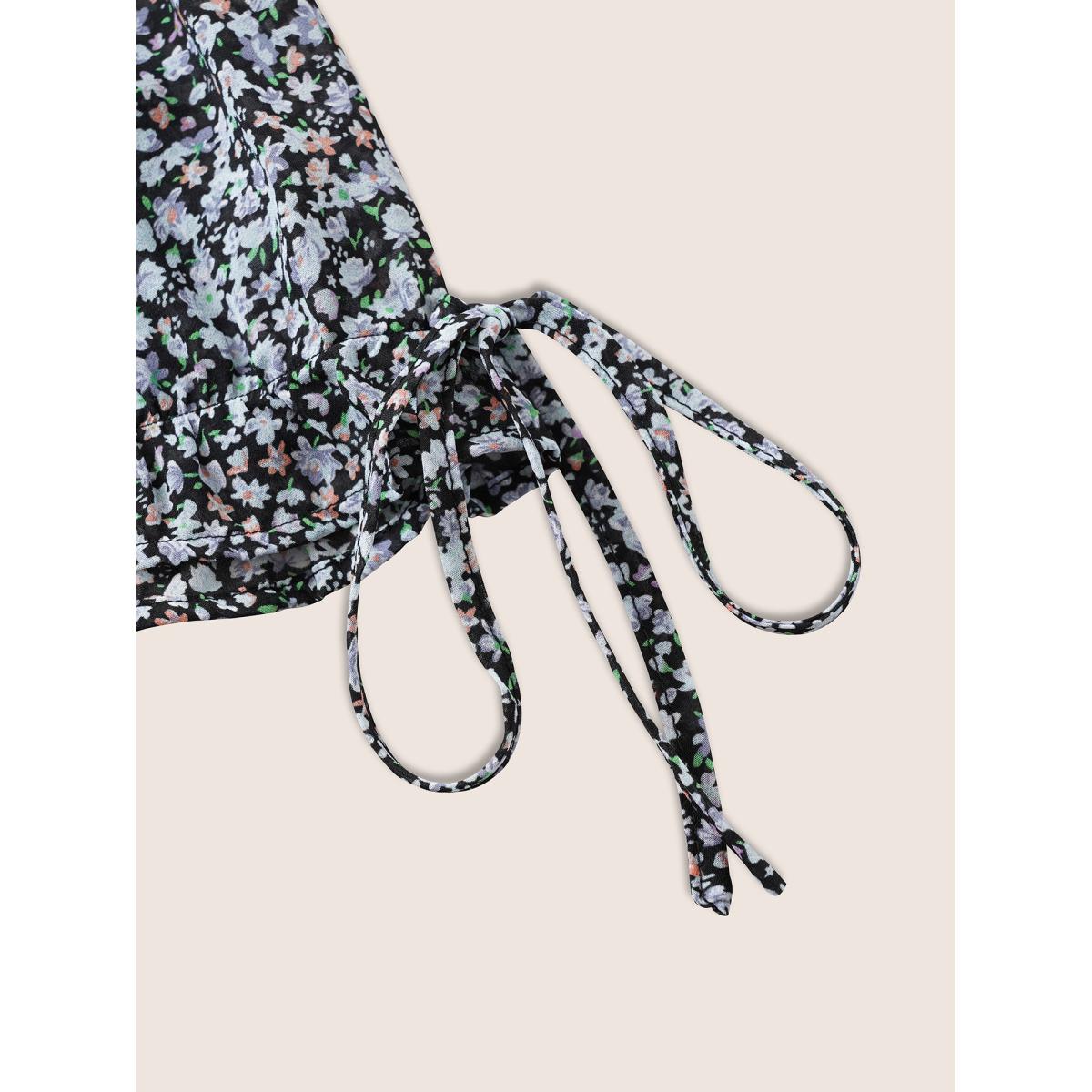 Plus Size Black Chiffon Ditsy Floral Ruffles Shirred Ties Blouse Women Elegant Short sleeve V-neck Everyday Blouses BloomChic 22-24/3X Product Image