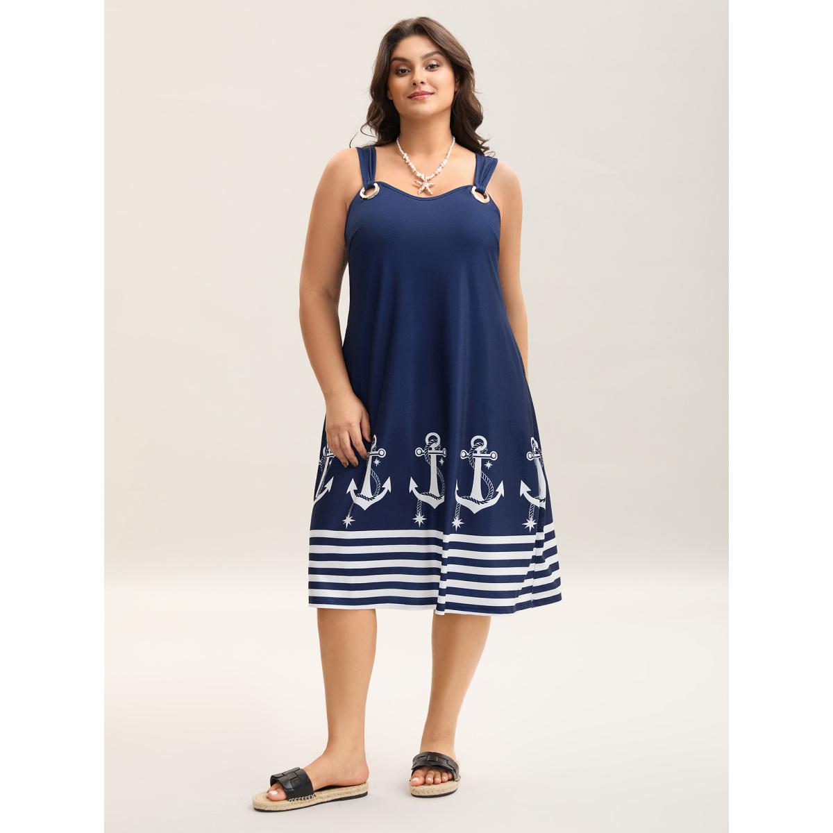 Plus Size Nautical Print Sleeveless Buckle Midi Dress Navy Women Resort V-neck Sleeveless Curvy BloomChic 30/6X Product Image