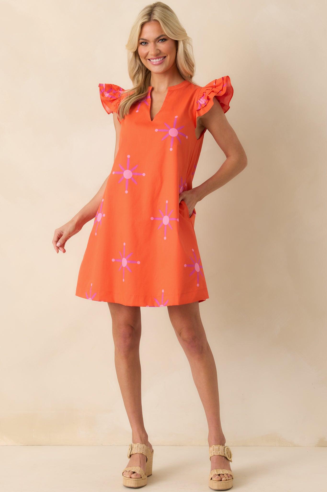 A Gentle Life Orange Floral Cotton Flutter Sleeve Mini Dress Product Image