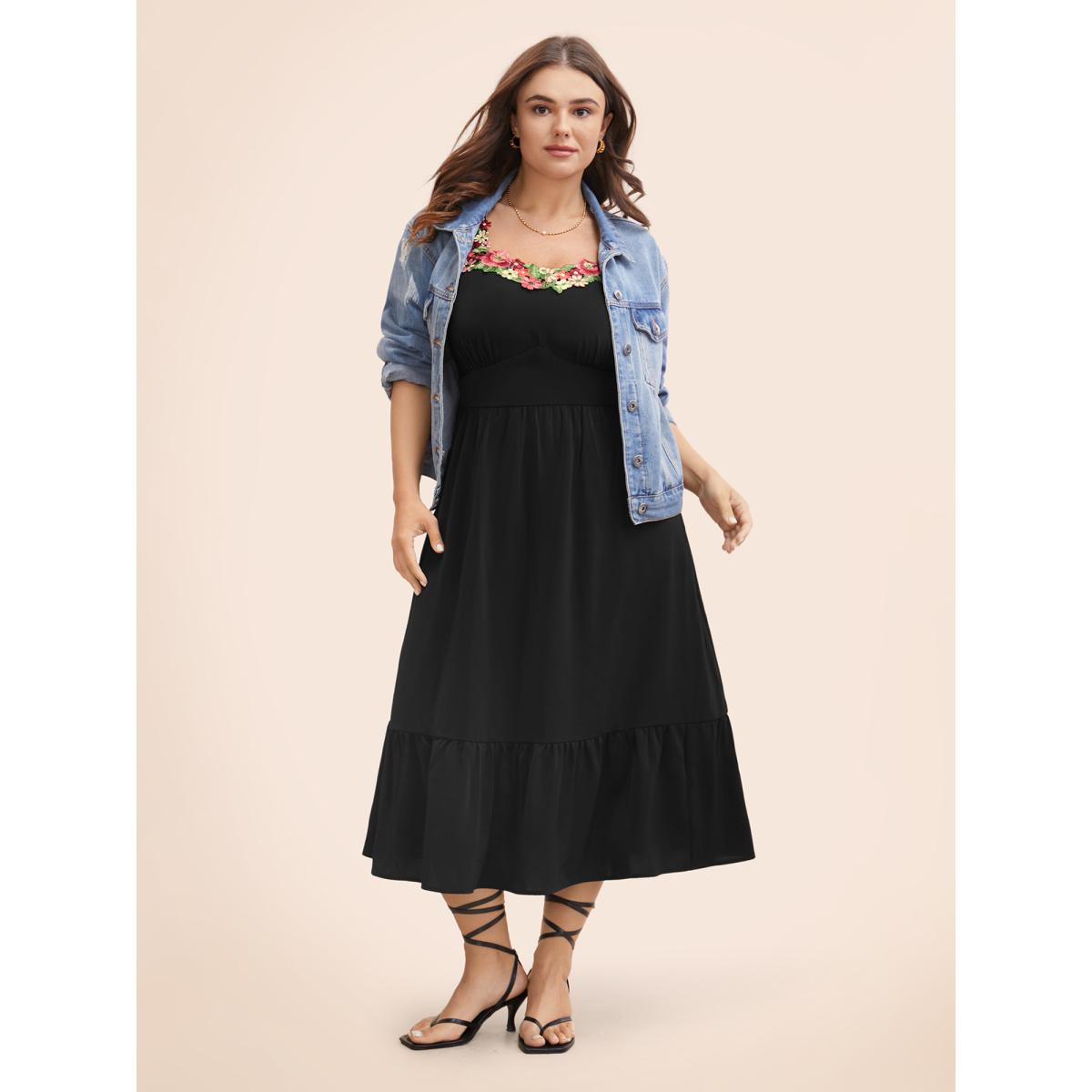 Plus Size Floral Woven Ribbon Heart Neckline Cami Dress Black Women Elegant Woven ribbon&lace trim Heart neckline Sleeveless Curvy BloomChic 14-16/1X Product Image