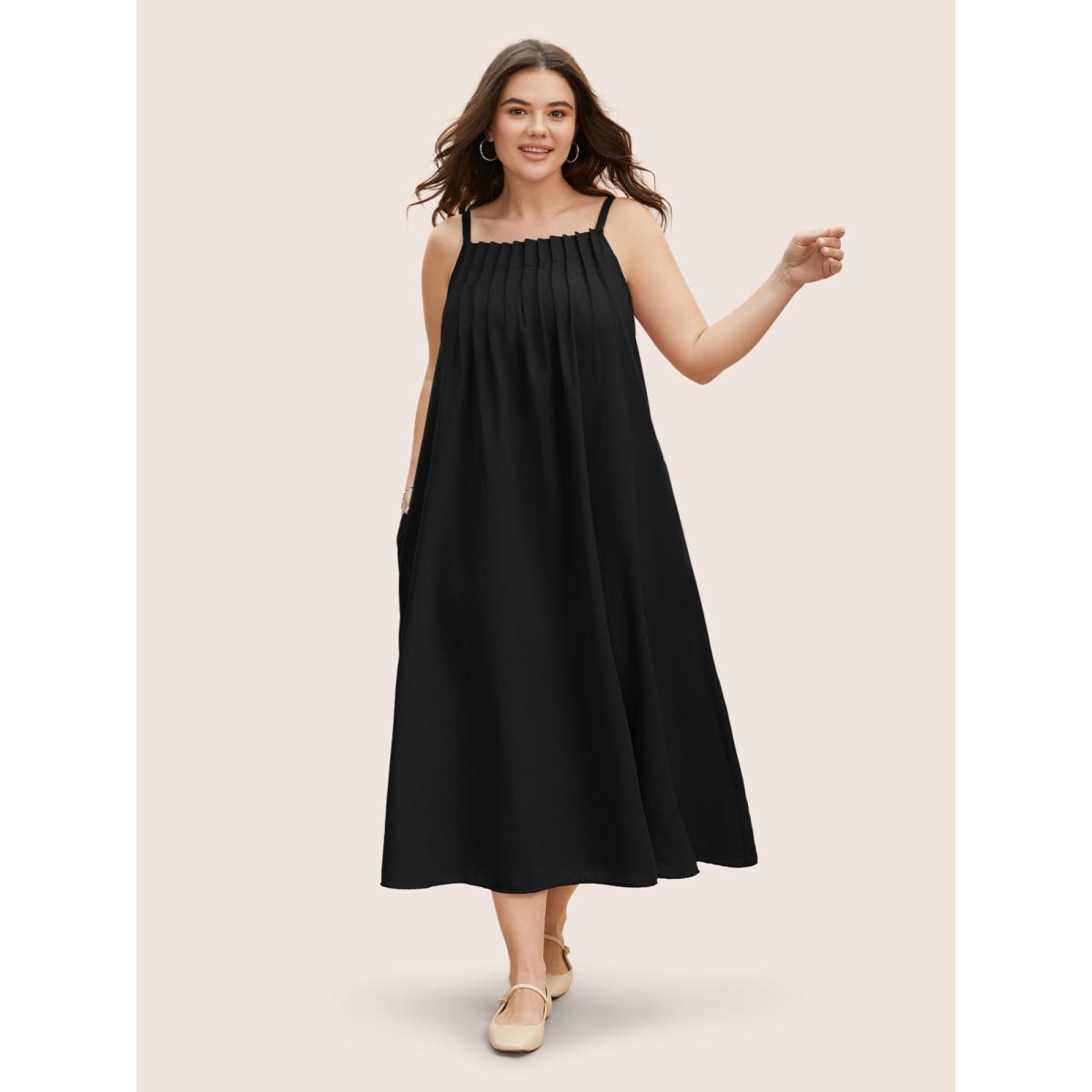 Plus Size Cotton Plain Pleated Loose Fit Cami Dress Black Women Leisure Ruffles Non Sleeveless Curvy BloomChic 22-24/3X Product Image