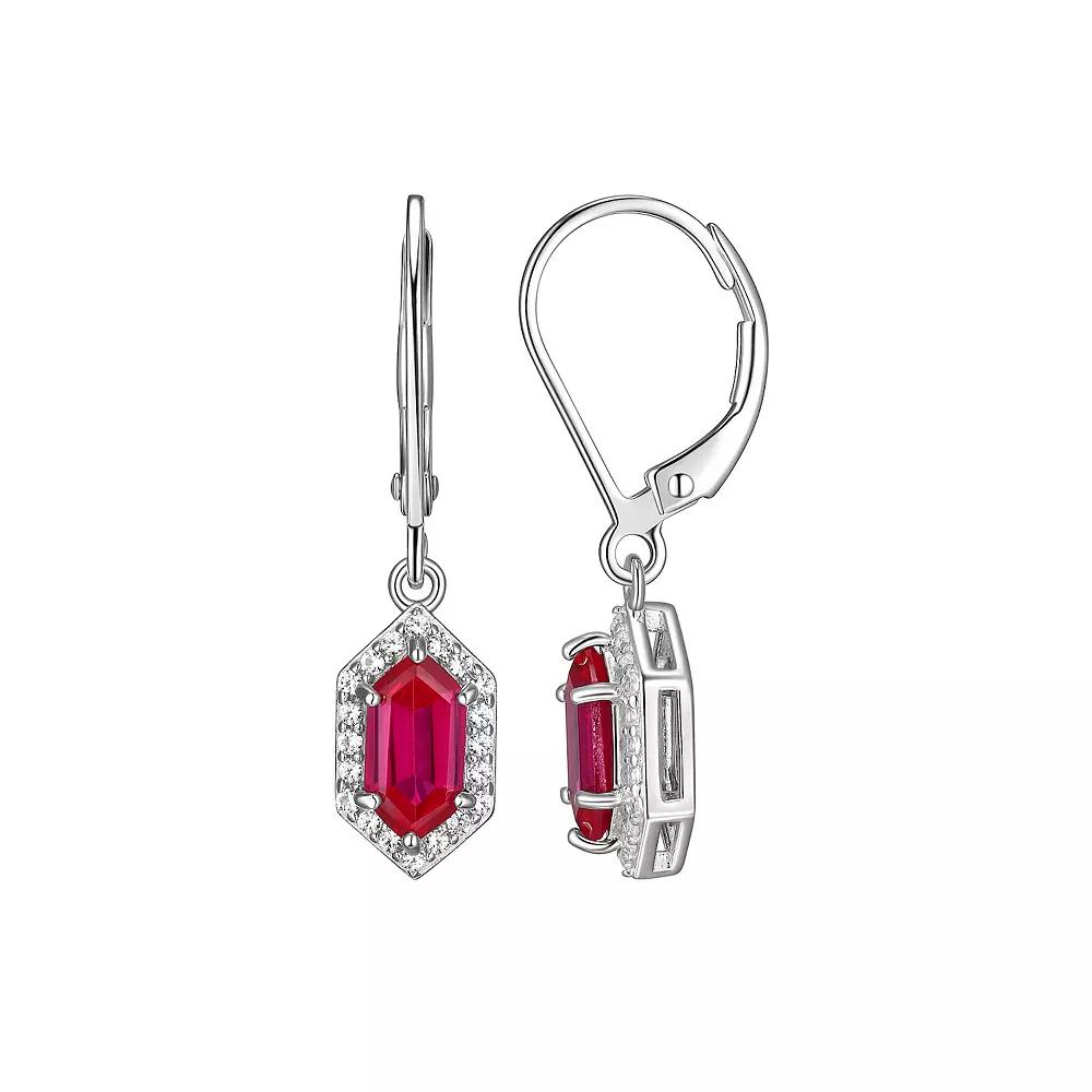 Classic Treasures Rhodium-Plated Sterling Silver Lab-Created Ruby With Lab-Created White Sapphire Halo Leverback Drop Earrings, Women's Product Image