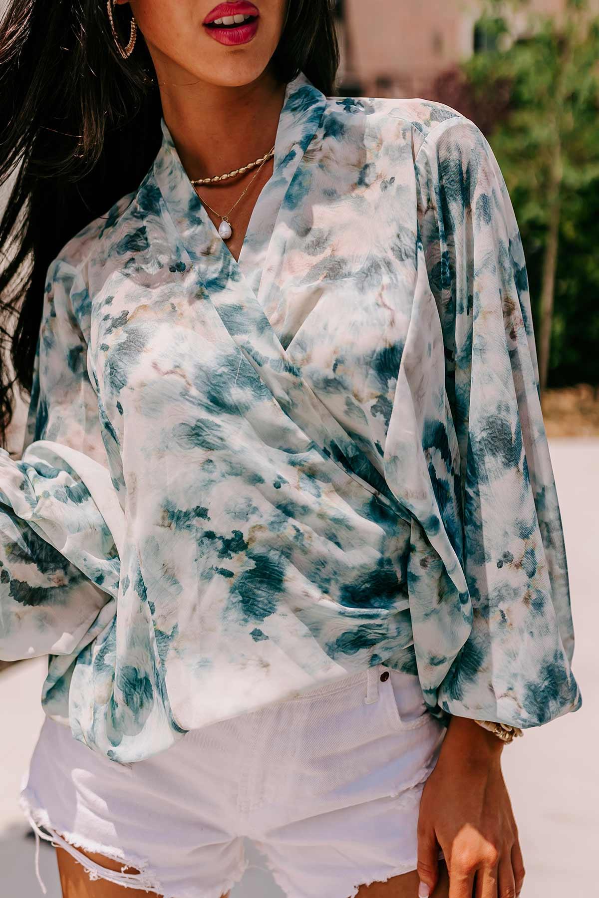 Somewhere Tropical Watercolor Tie Top In Dark Teal Product Image