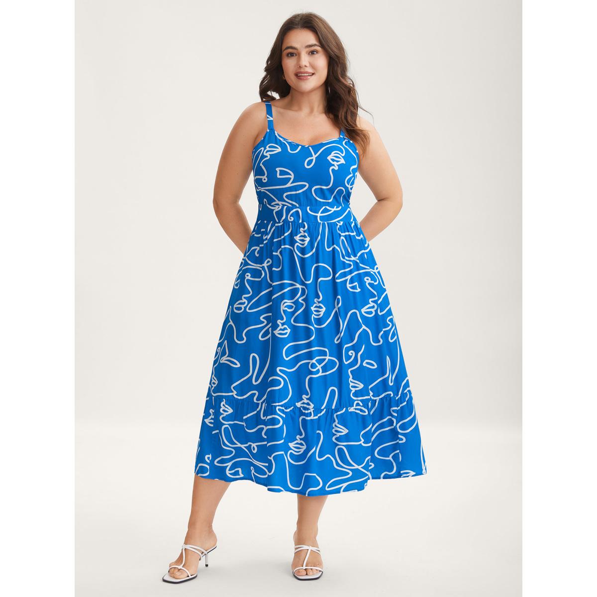 Plus Size Abstract Line Print Adjustable Midi Dress Mediumblue Women Non Sleeveless Curvy BloomChic 30/6X Product Image