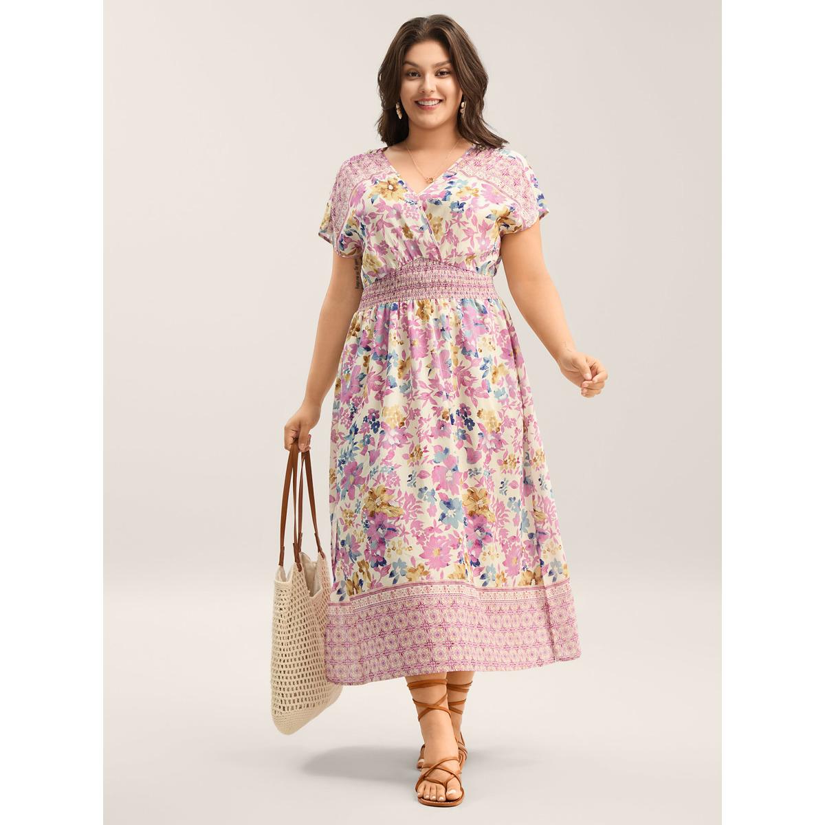 Plus Size Floral Shirred Waist Slit Midi Dress Lilac Women Overlap Collar Short sleeve Curvy BloomChic 14-16/1X Product Image