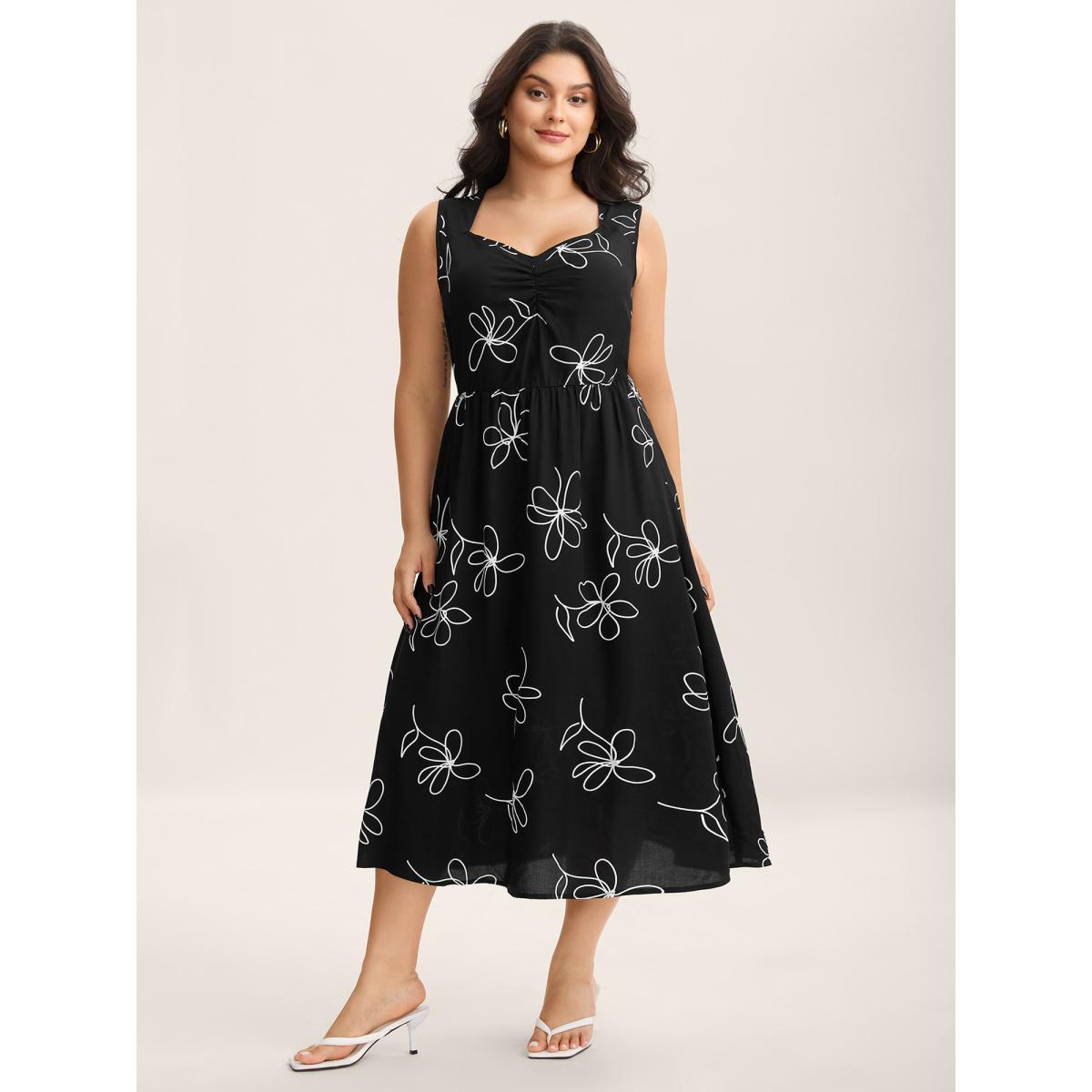 Plus Size Rayon Floral Stretchy Waist Midi Dress BlackFlower Women Timeless Heart neckline Sleeveless Curvy BloomChic 26/4X Product Image