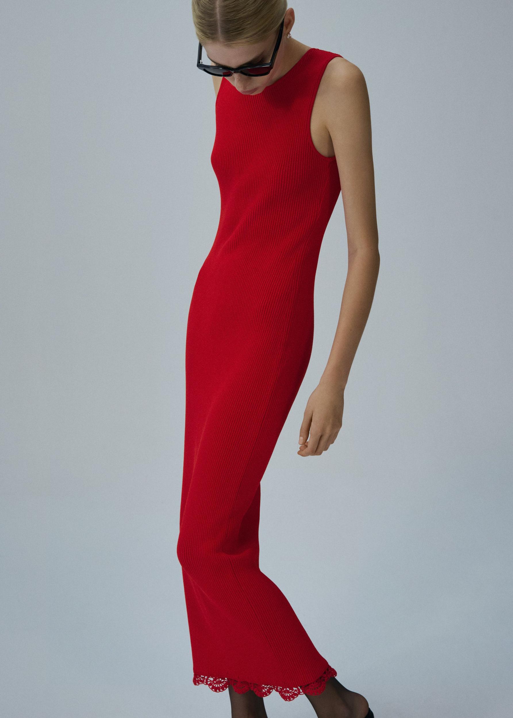 Lace detail ribbed knit maxi dress in red Product Image