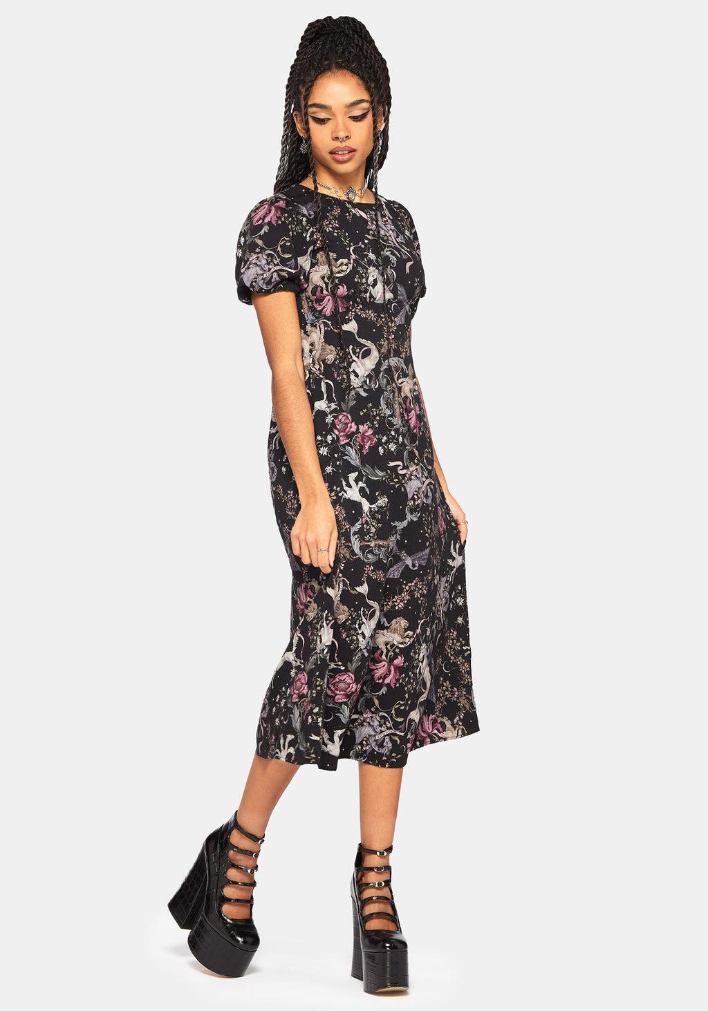Merunicorn Enchanted Forest Print Puff Sleeve Midi Dress Product Image