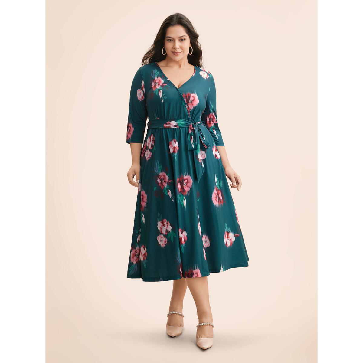 Plus Size Overlap Collar Floral Midi Dress Emerald Women Elegant Belted Overlap Collar Elbow-length sleeve Curvy BloomChic 26/4X Product Image