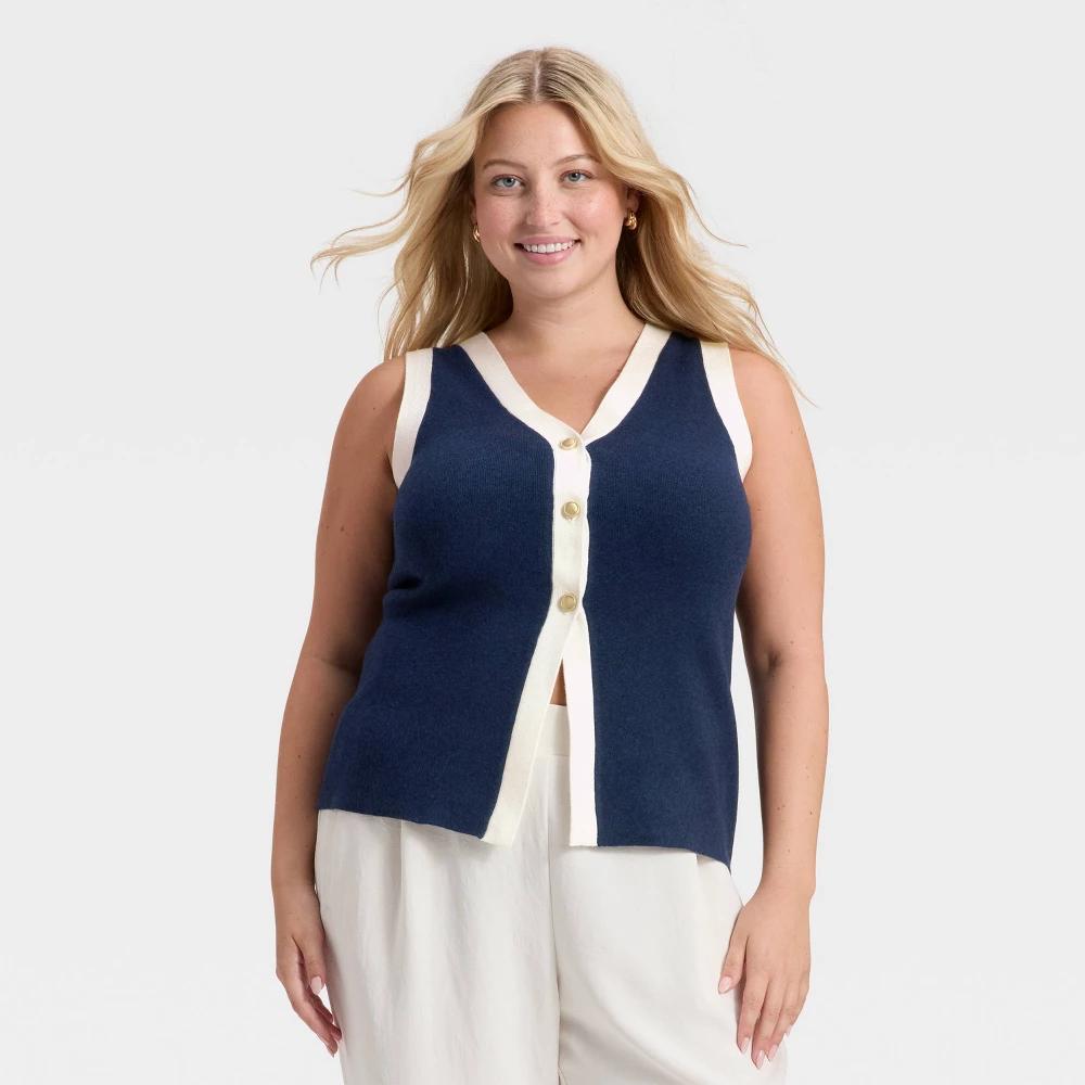 Women's Button Sweater Vest - A New Day™ Navy/Cream 3X Product Image