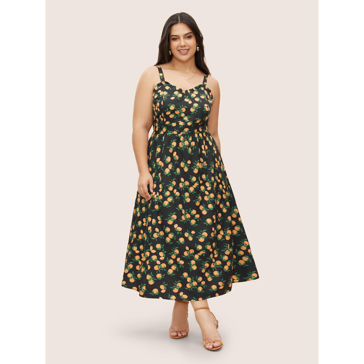 Plus Size Citrus Orange Print Pleated Frill Trim Cami Dress Black Women Elegant Frill Trim Non Sleeveless Curvy Midi Dress BloomChic 18-20/2X Product Image