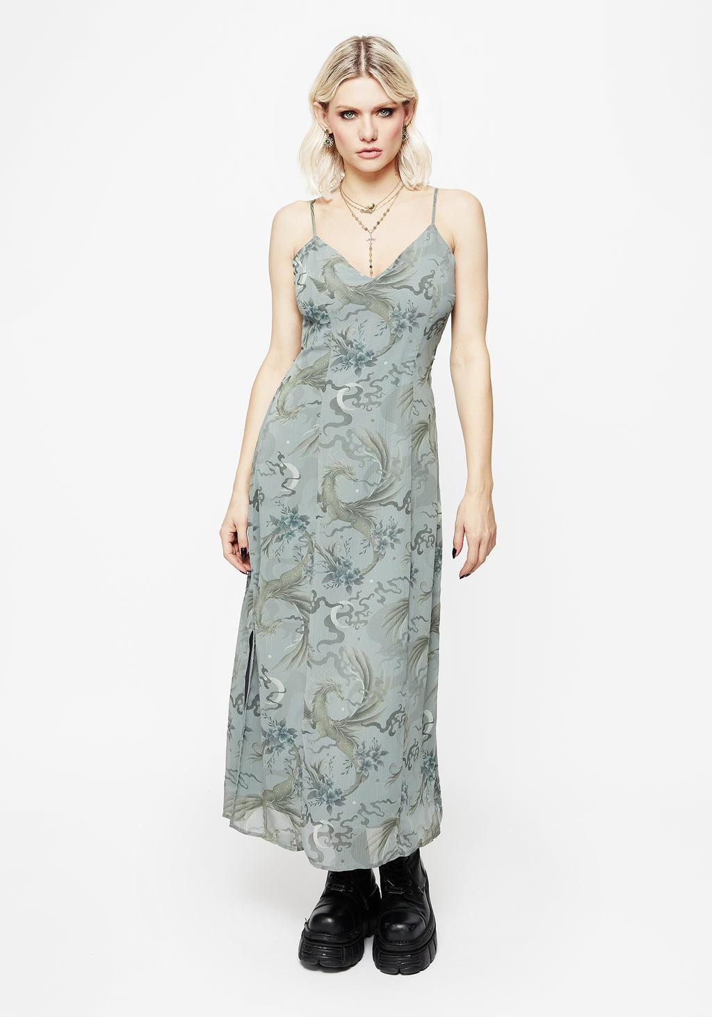 Sapphira Dragon Print Chiffon Midaxi Slip Dress Product Image