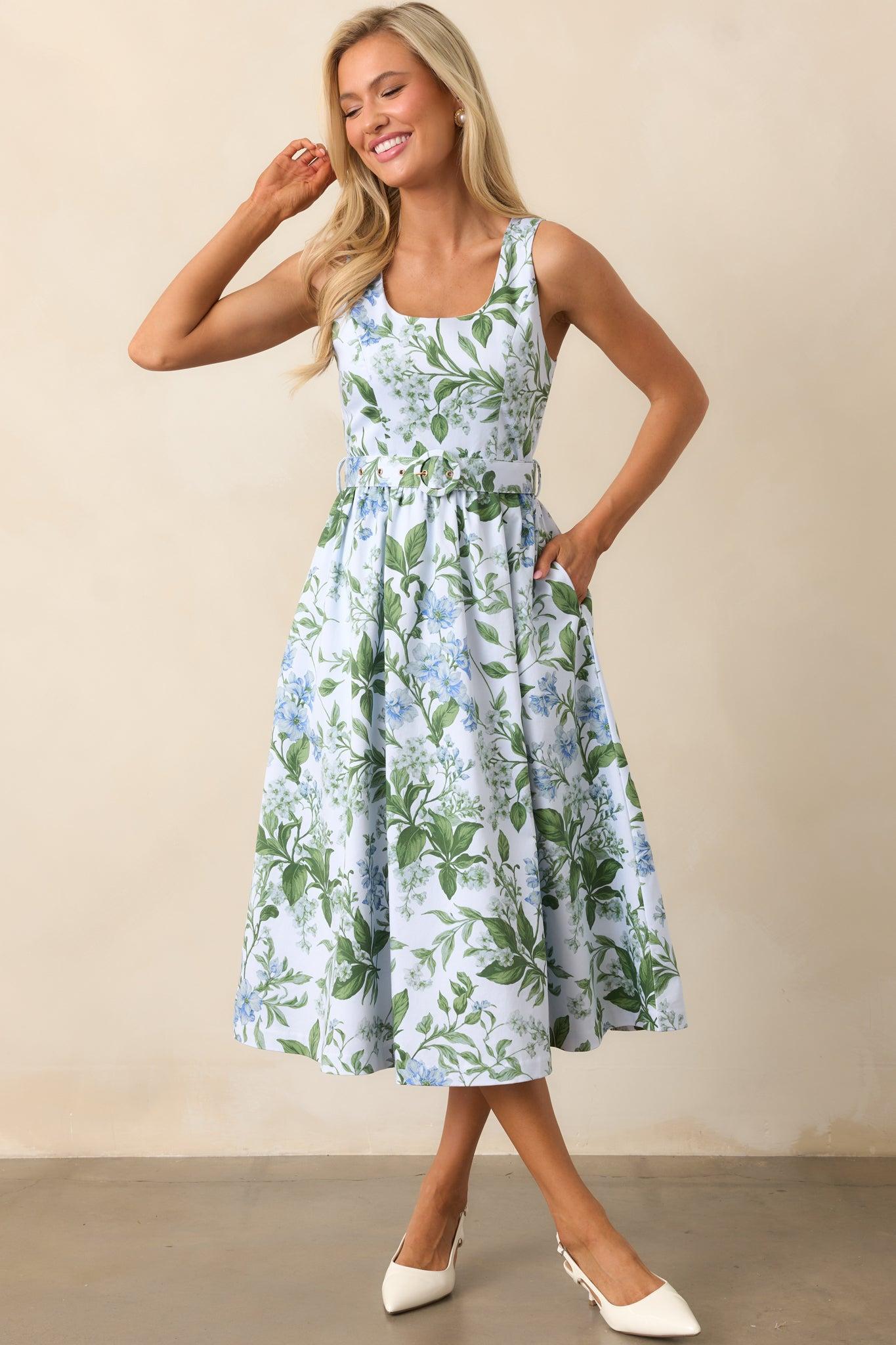 Ava Blue Lilacs Botanical Print Cotton Belted Midi Dress Product Image