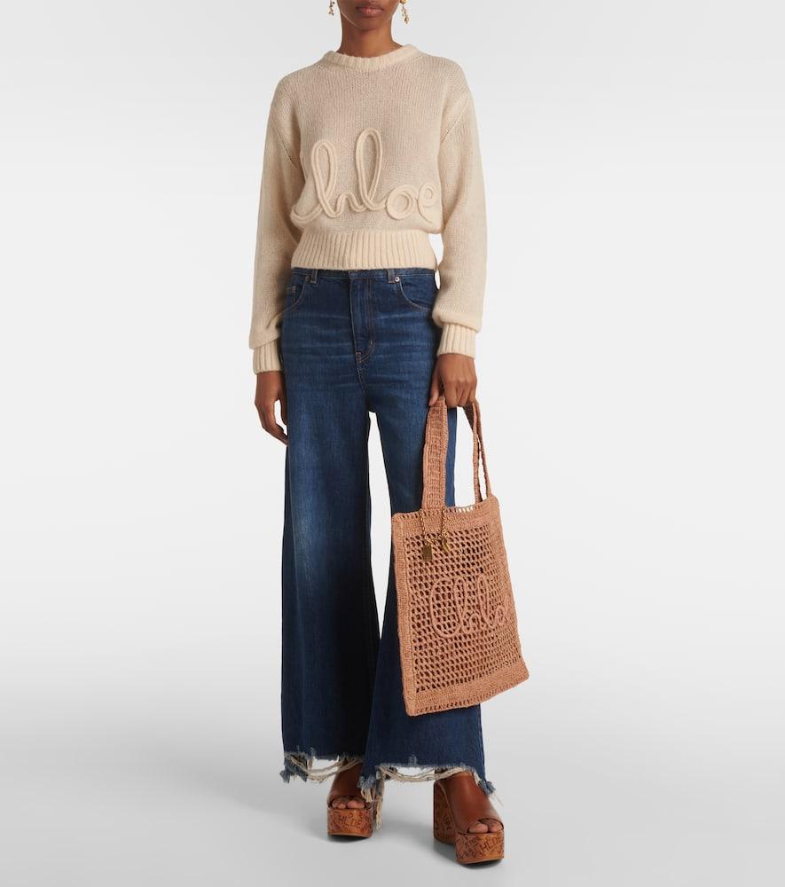 CHLOÉ Summer Banana Embellished Crocheted Embroidered Faux Raffia Tote In Beige Product Image