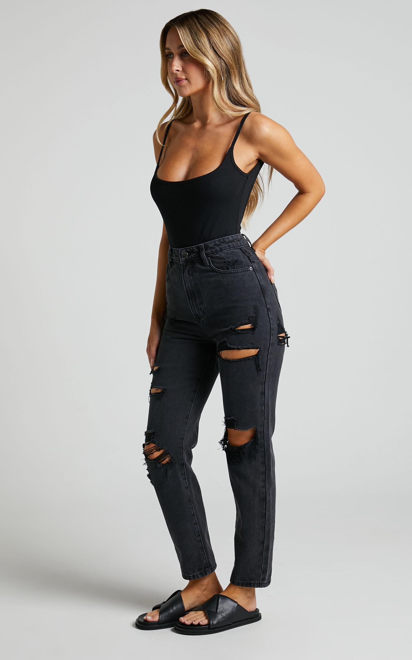 Billie Jeans - High Waisted Cotton Distressed Mom Denim Jeans in Black Wash Product Image