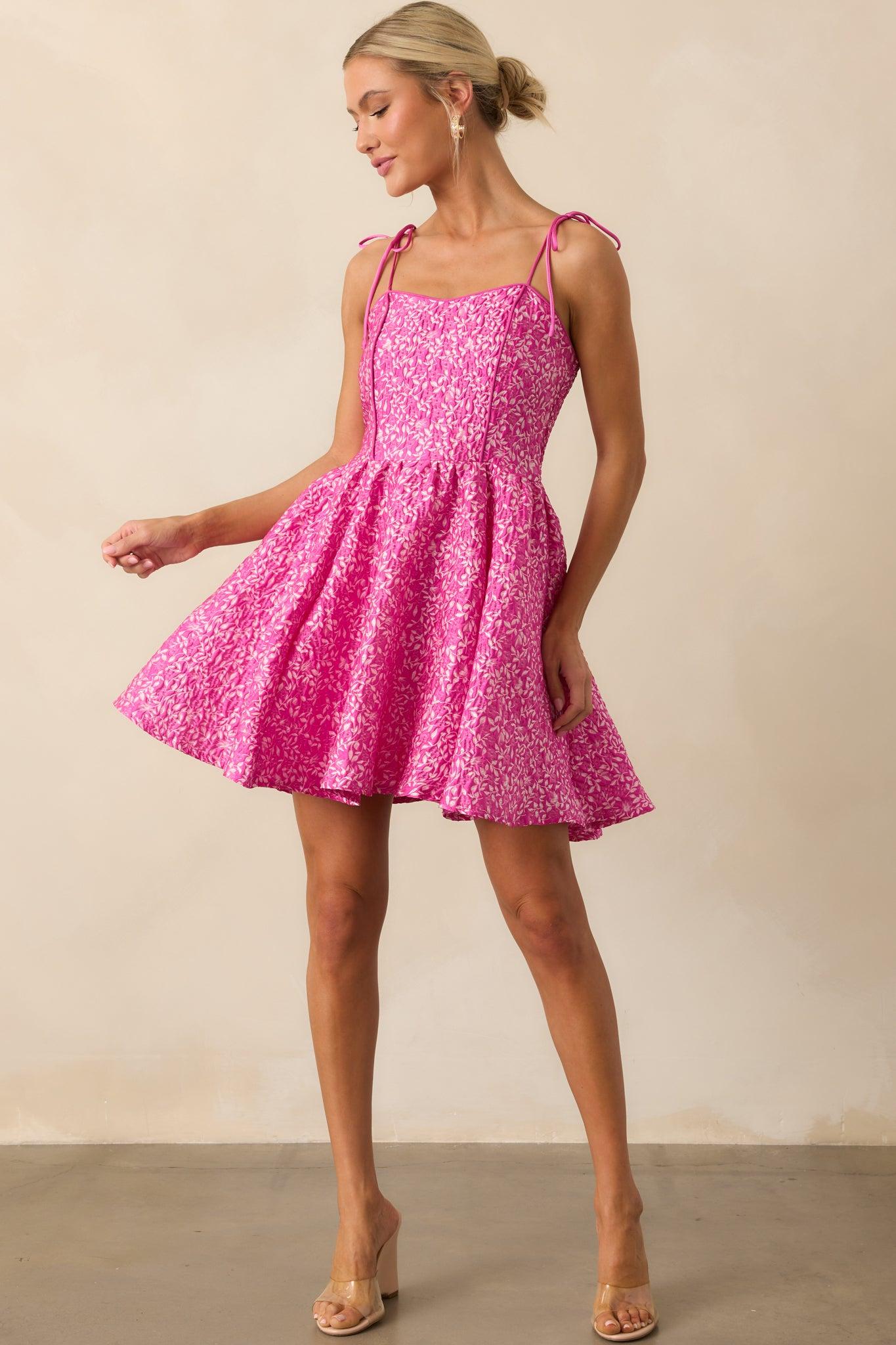 Steal The Scene Fuchsia Pink Floral Jacquard Mini Dress Product Image