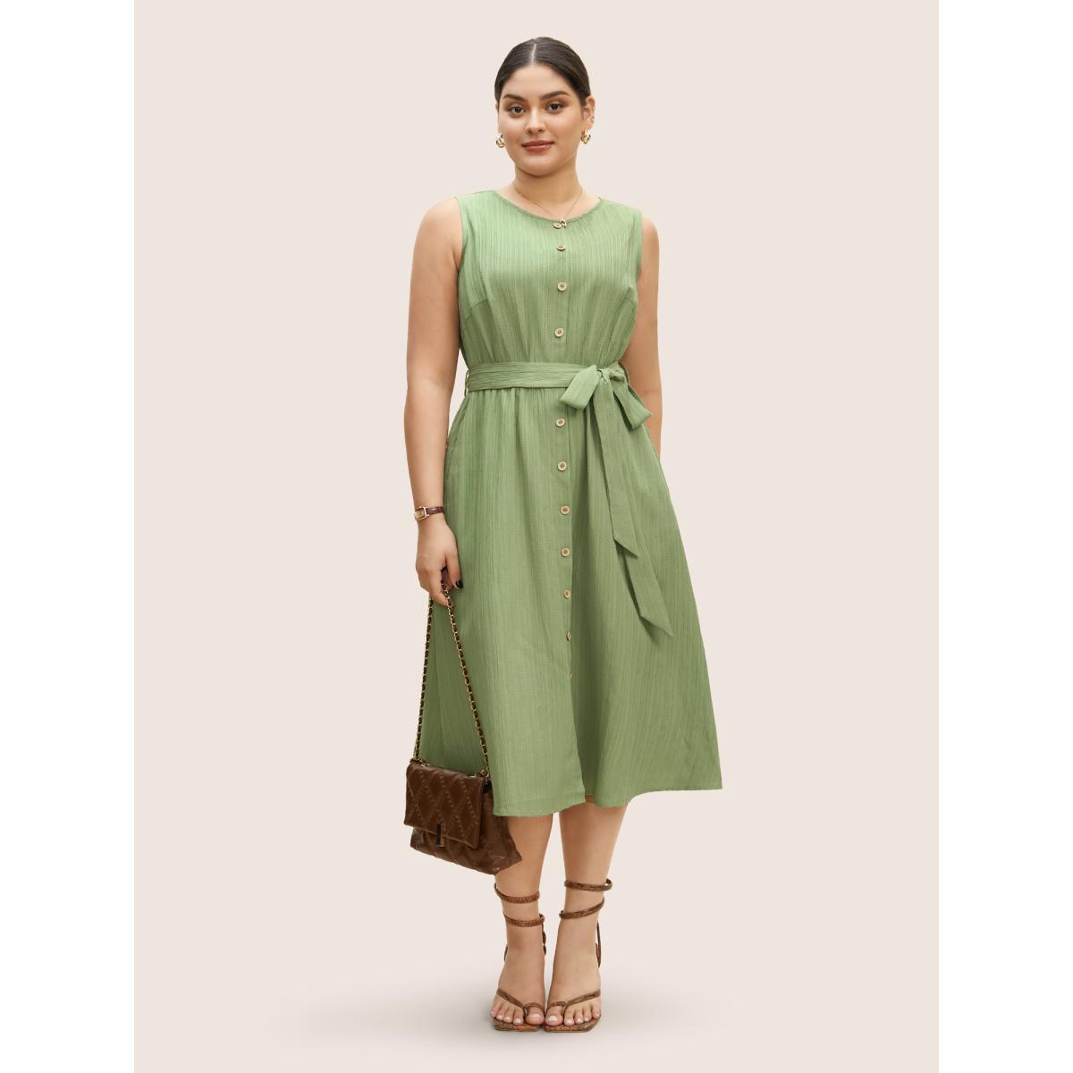 Plus Size Plain Textured Crew Neck Button Detail Midi Dress Palemauve Women Work From Home Belted Round Neck Sleeveless Curvy BloomChic 30/6X Product Image