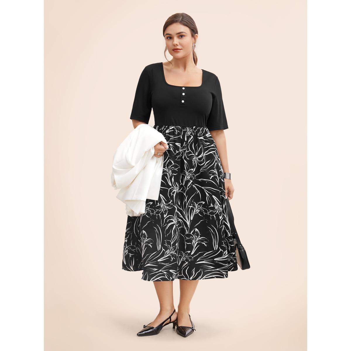 Plus Size Floral Square Neck Patchwork Button Detail Dress Black Women At the Office Patchwork Square Neck Half Sleeve Curvy BloomChic 14-16/1X Product Image