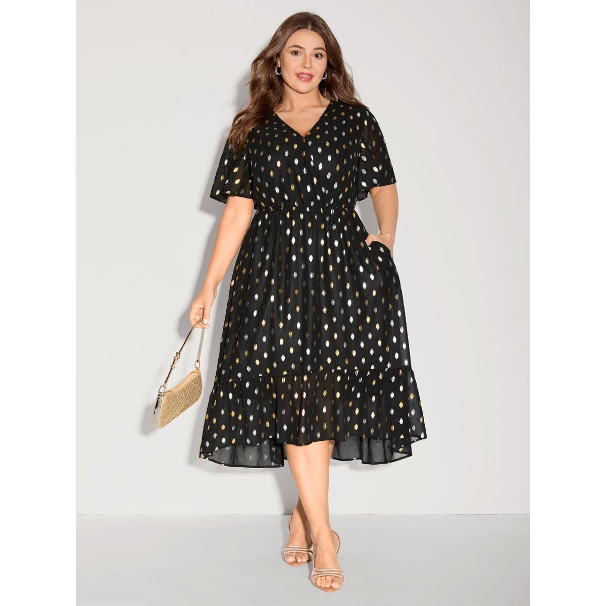 Plus Size Sheer Polka Dots Wrap Midi Dress Black Women Overlap Collar Short sleeve Curvy BloomChic 28/5X Product Image