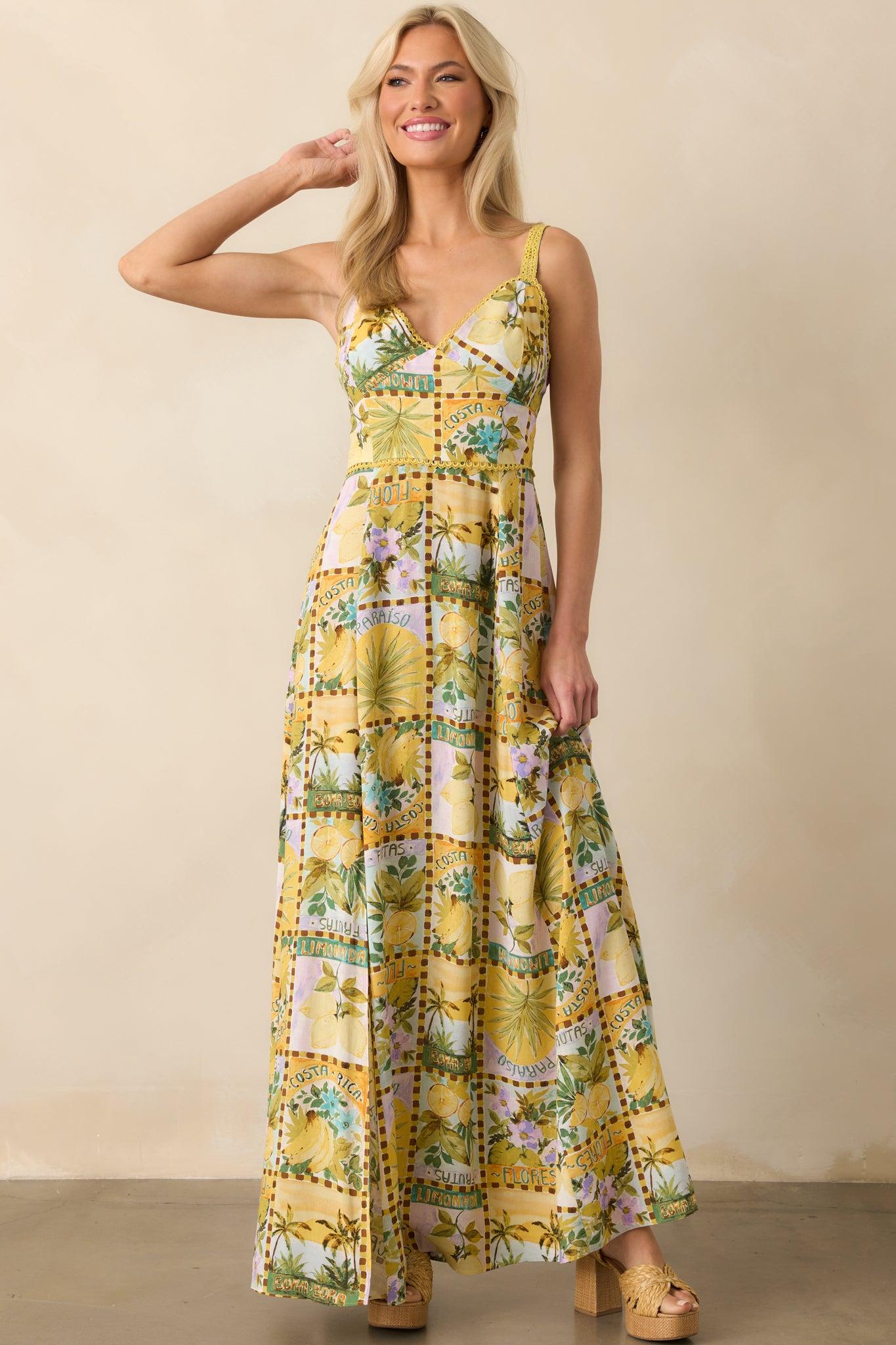 One To Remember Yellow Tropical Print Linen Blend Maxi Dress Product Image