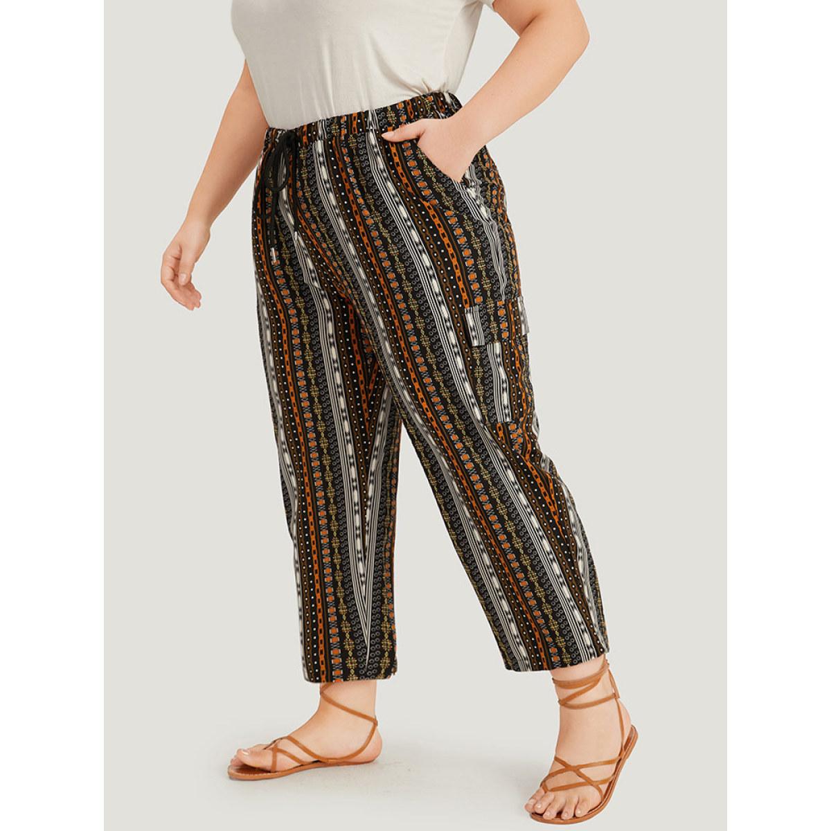 Plus Size Boho Print Pocket Drawstring Elastic Waist Pants Women Black Casual Straight Leg High Rise Dailywear Pants BloomChic 12/L Product Image