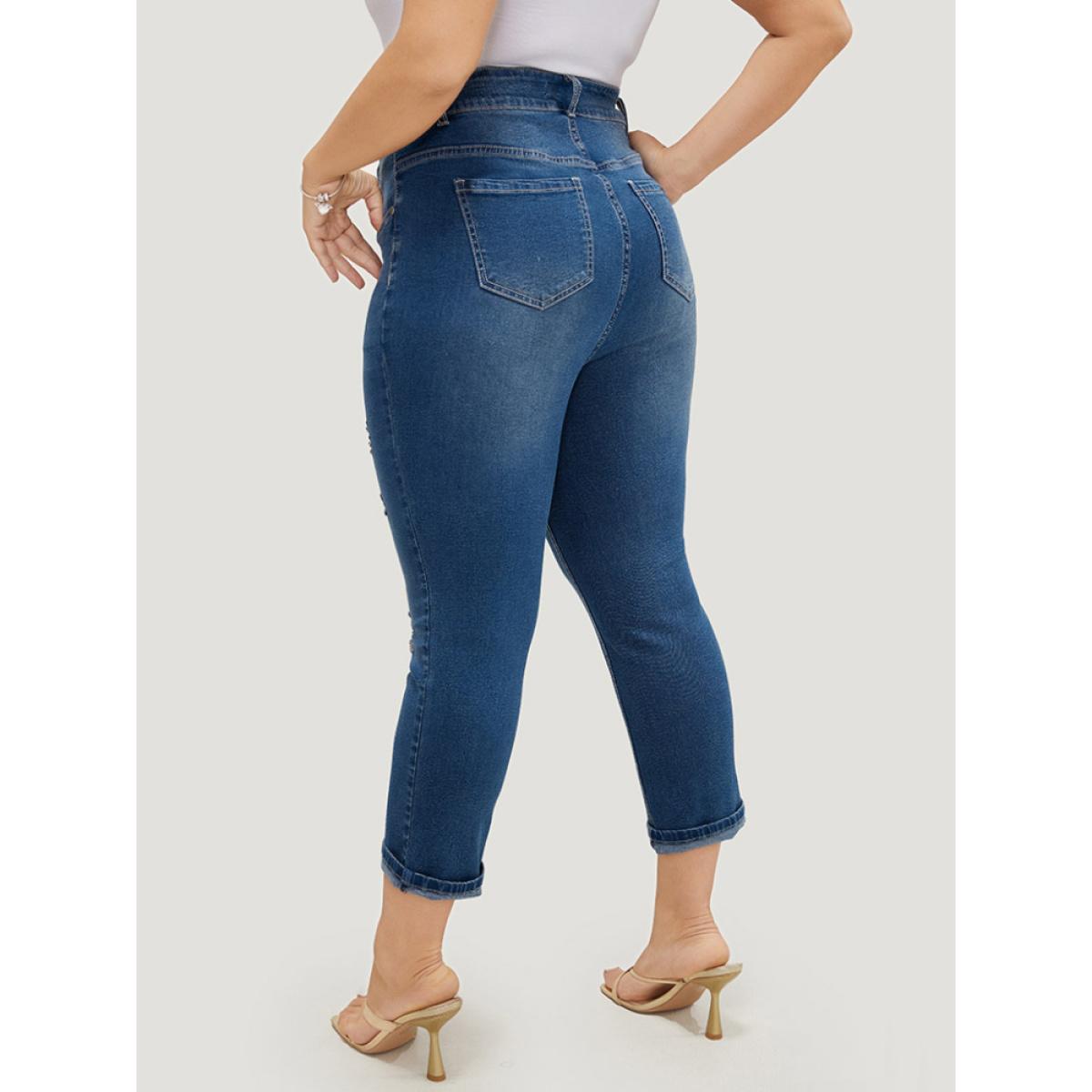 Plus Size Very Stretchy High Rise Dark Wash Ripped Detail Cropped Jeans Women Blue Casual Plain High stretch Jeans BloomChic 12/L Product Image