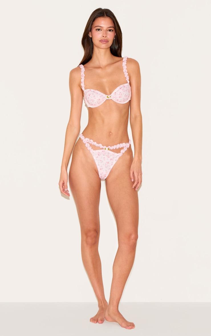 Pink Ribbed Floral Frill Underwired Lingerie Set Product Image
